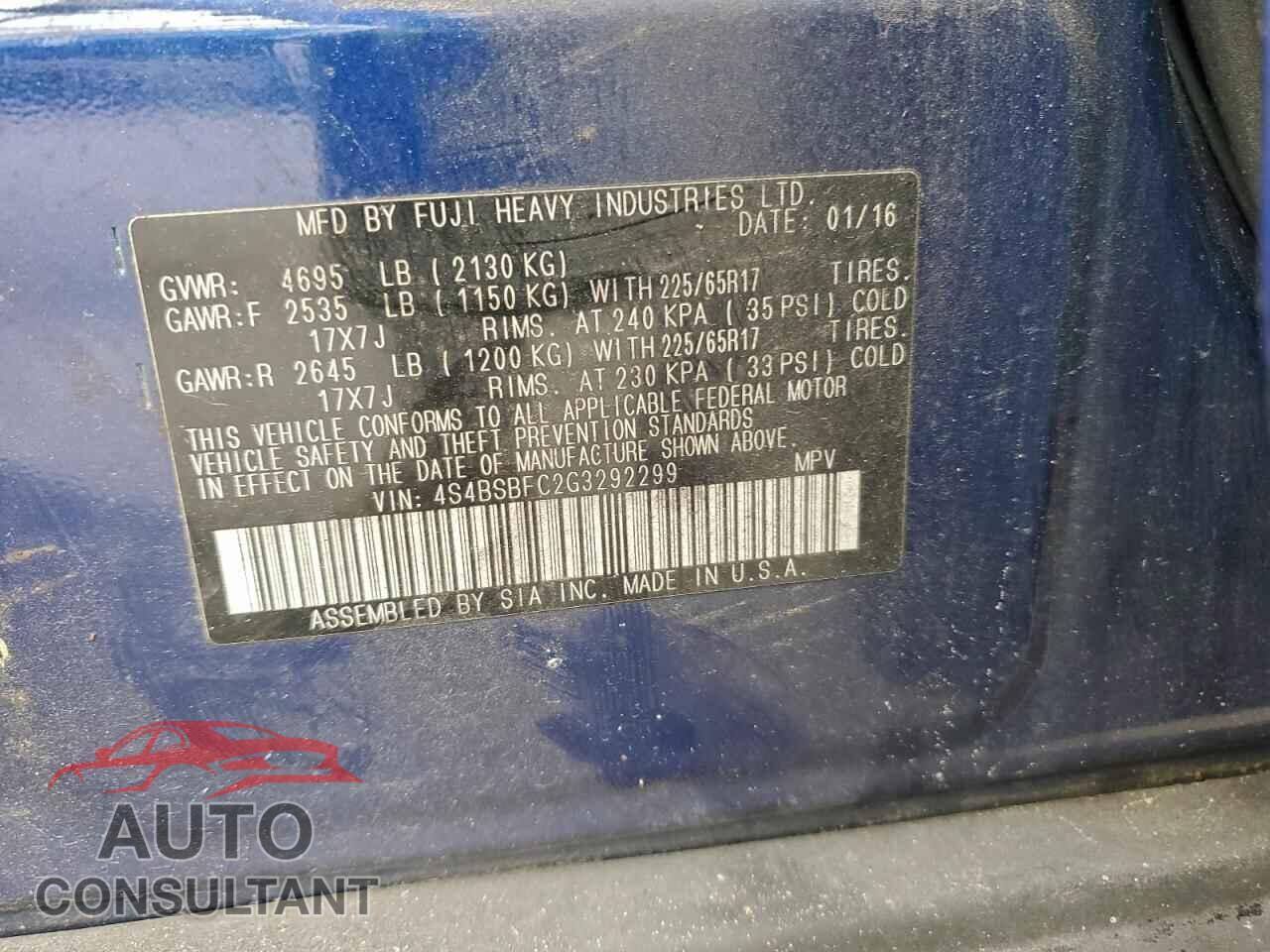 SUBARU OUTBACK 2016 - 4S4BSBFC2G3292299