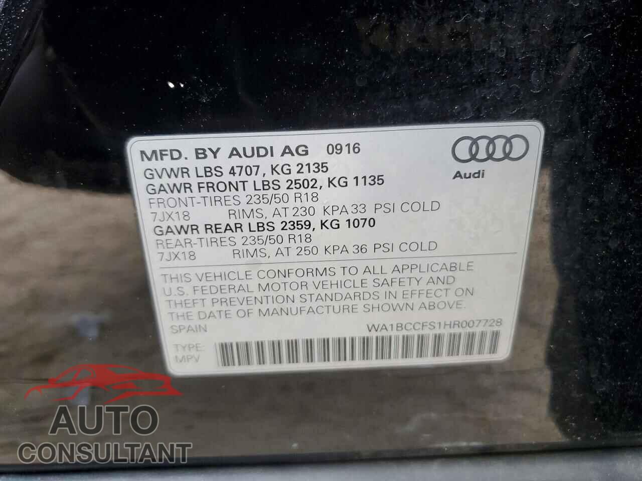 AUDI Q3 2017 - WA1BCCFS1HR007728
