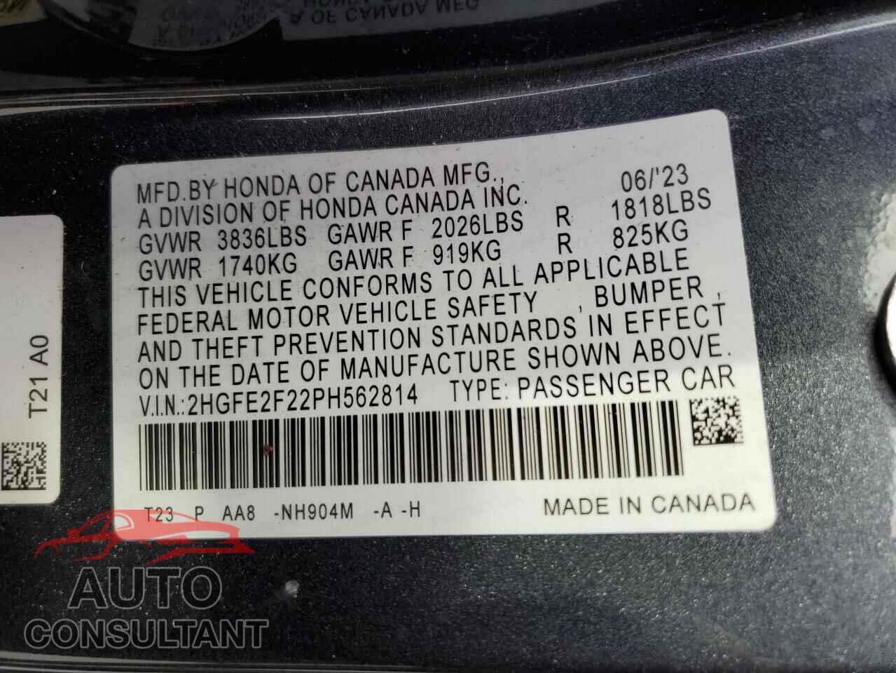 HONDA CIVIC 2023 - 2HGFE2F22PH562814