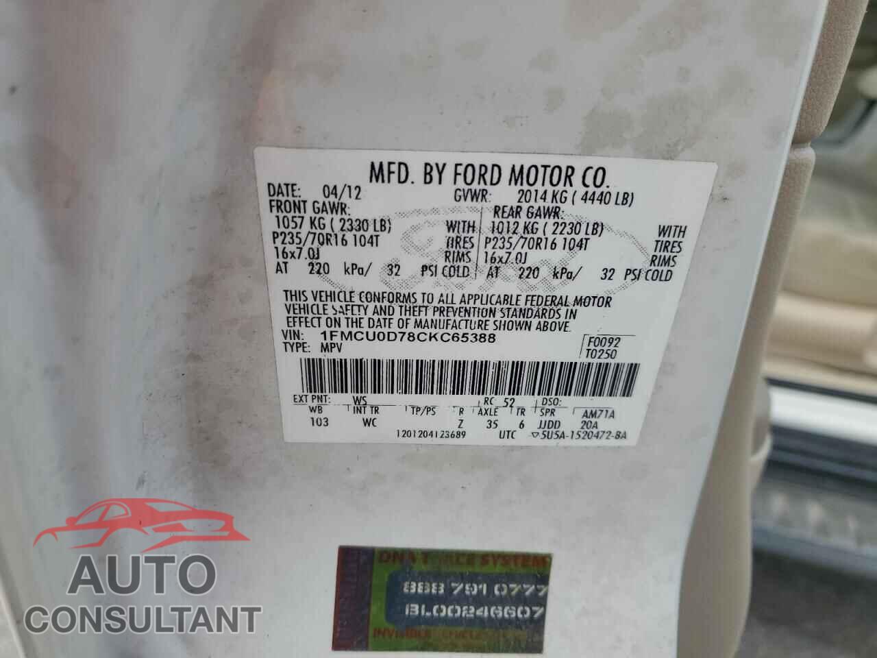 FORD ESCAPE 2012 - 1FMCU0D78CKC65388