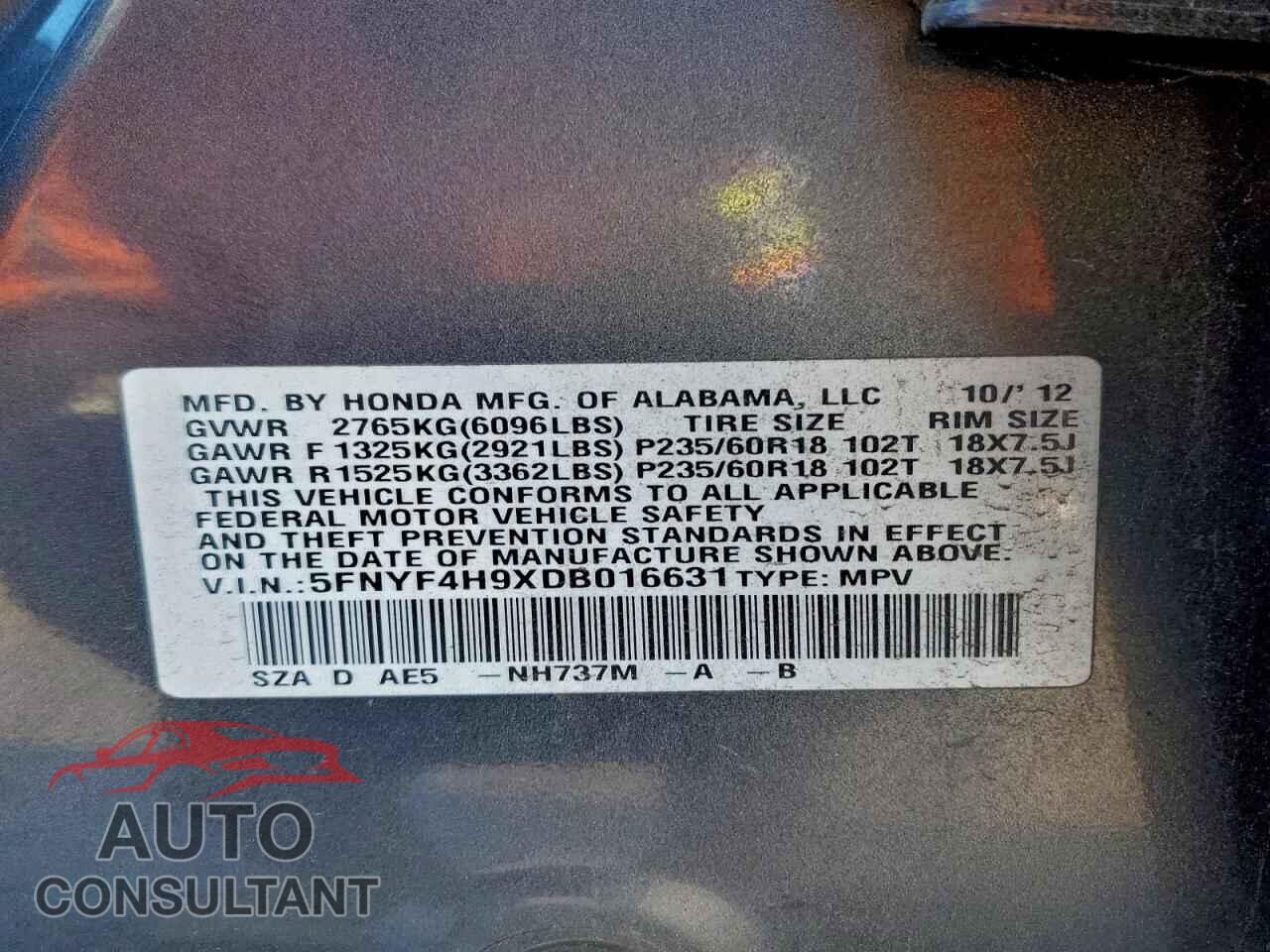 HONDA PILOT 2013 - 5FNYF4H9XDB016631