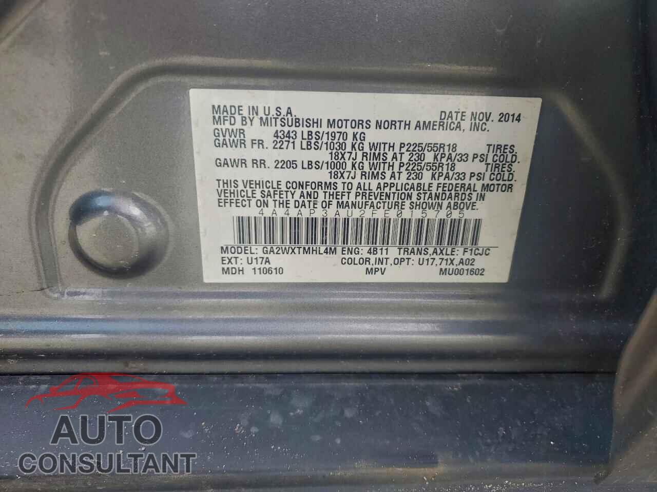 MITSUBISHI OUTLANDER 2015 - 4A4AP3AU2FE015705