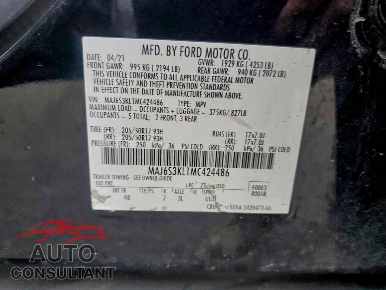 FORD ECOSPORT 2021 - MAJ6S3KL1MC424486