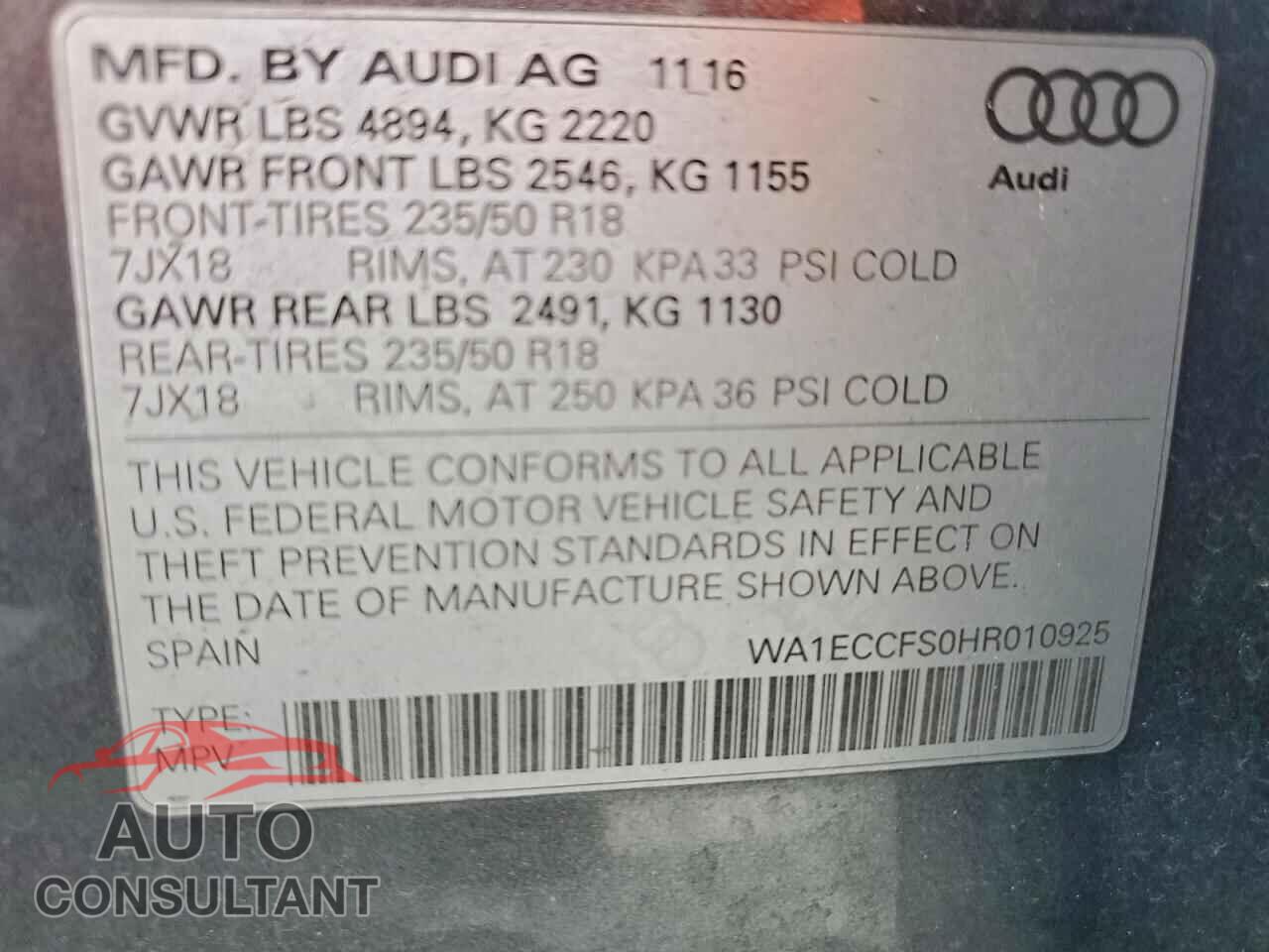 AUDI Q3 2017 - WA1ECCFS0HR010925