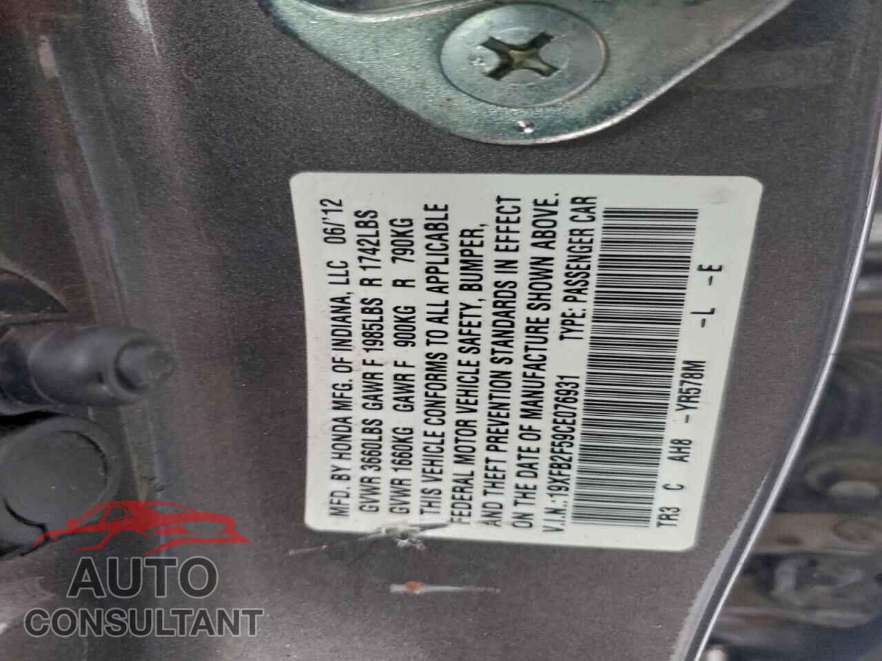 HONDA CIVIC 2012 - 19XFB2F59CE076931