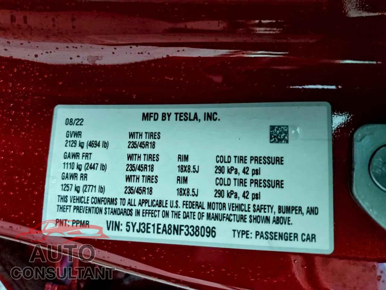 TESLA MODEL 3 2022 - 5YJ3E1EA8NF338096