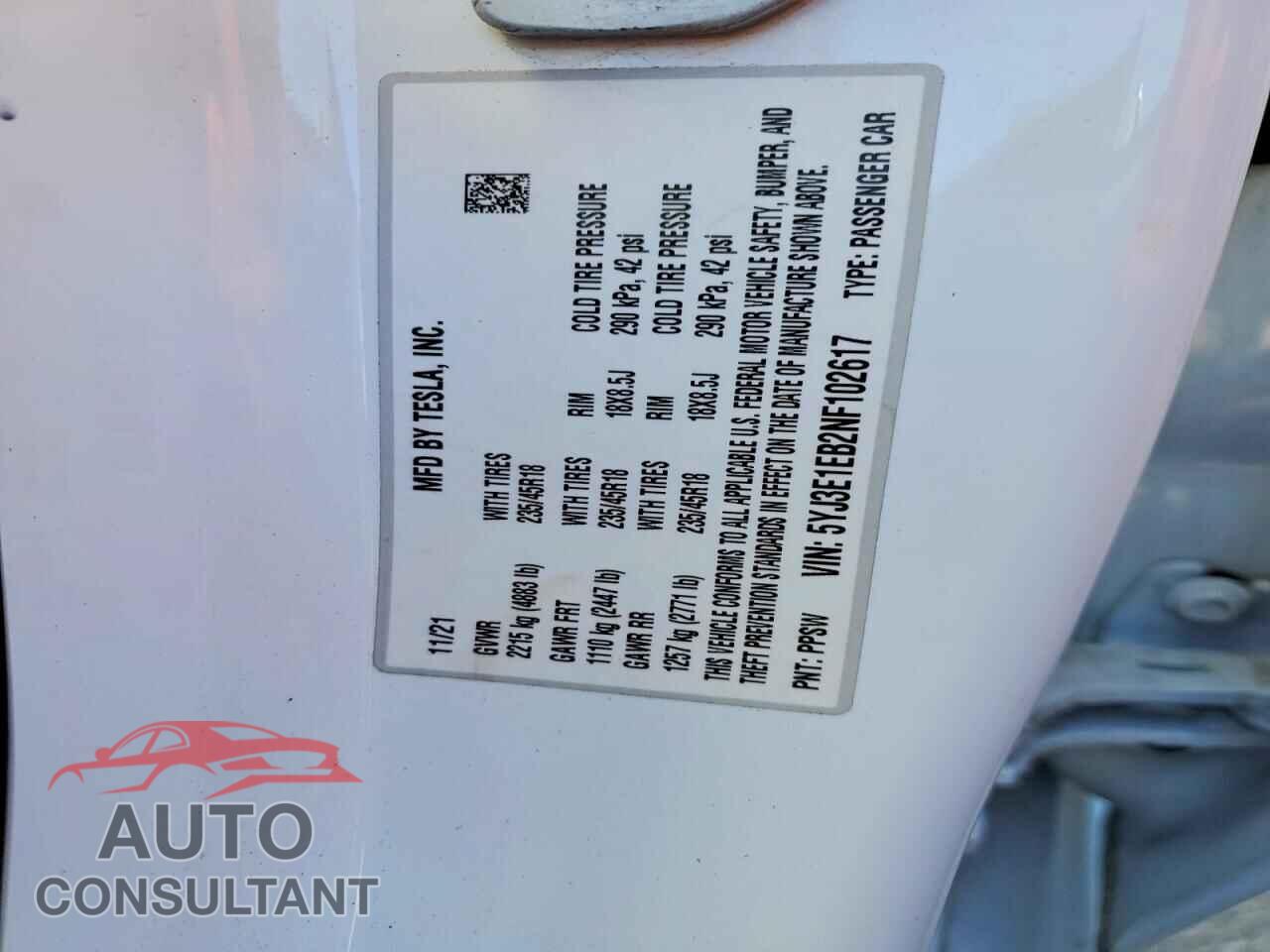 TESLA MODEL 3 2022 - 5YJ3E1EB2NF102617