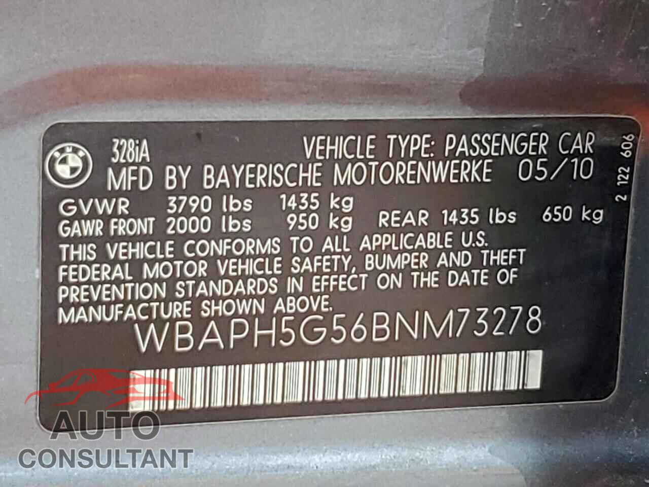 BMW 3 SERIES 2011 - WBAPH5G56BNM73278