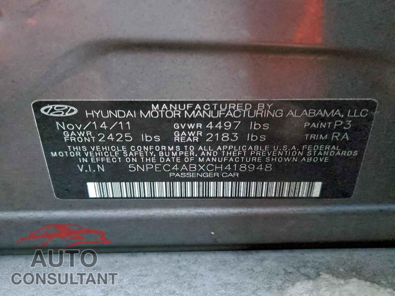 HYUNDAI SONATA 2012 - 5NPEC4ABXCH418948