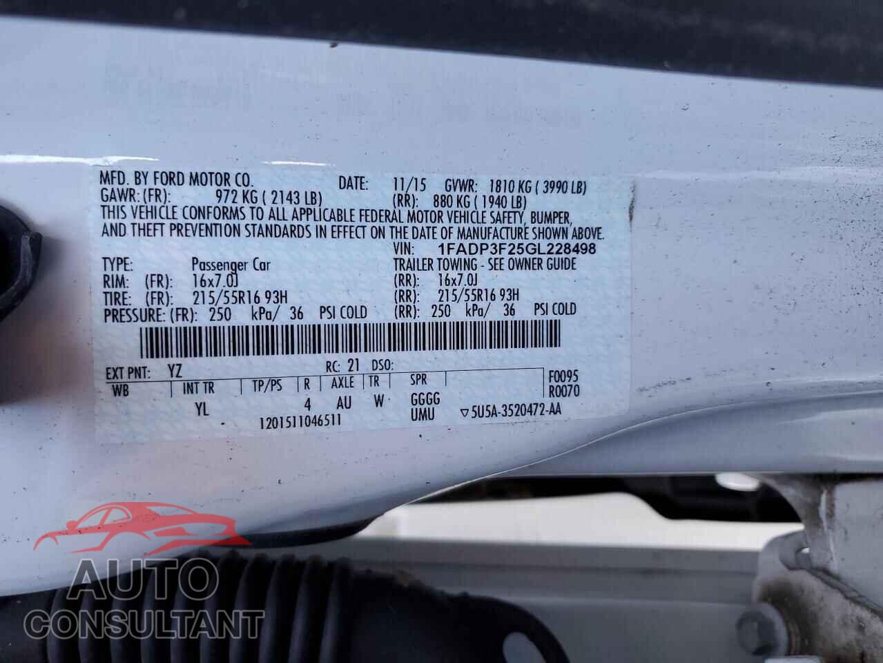 FORD FOCUS 2016 - 1FADP3F25GL228498