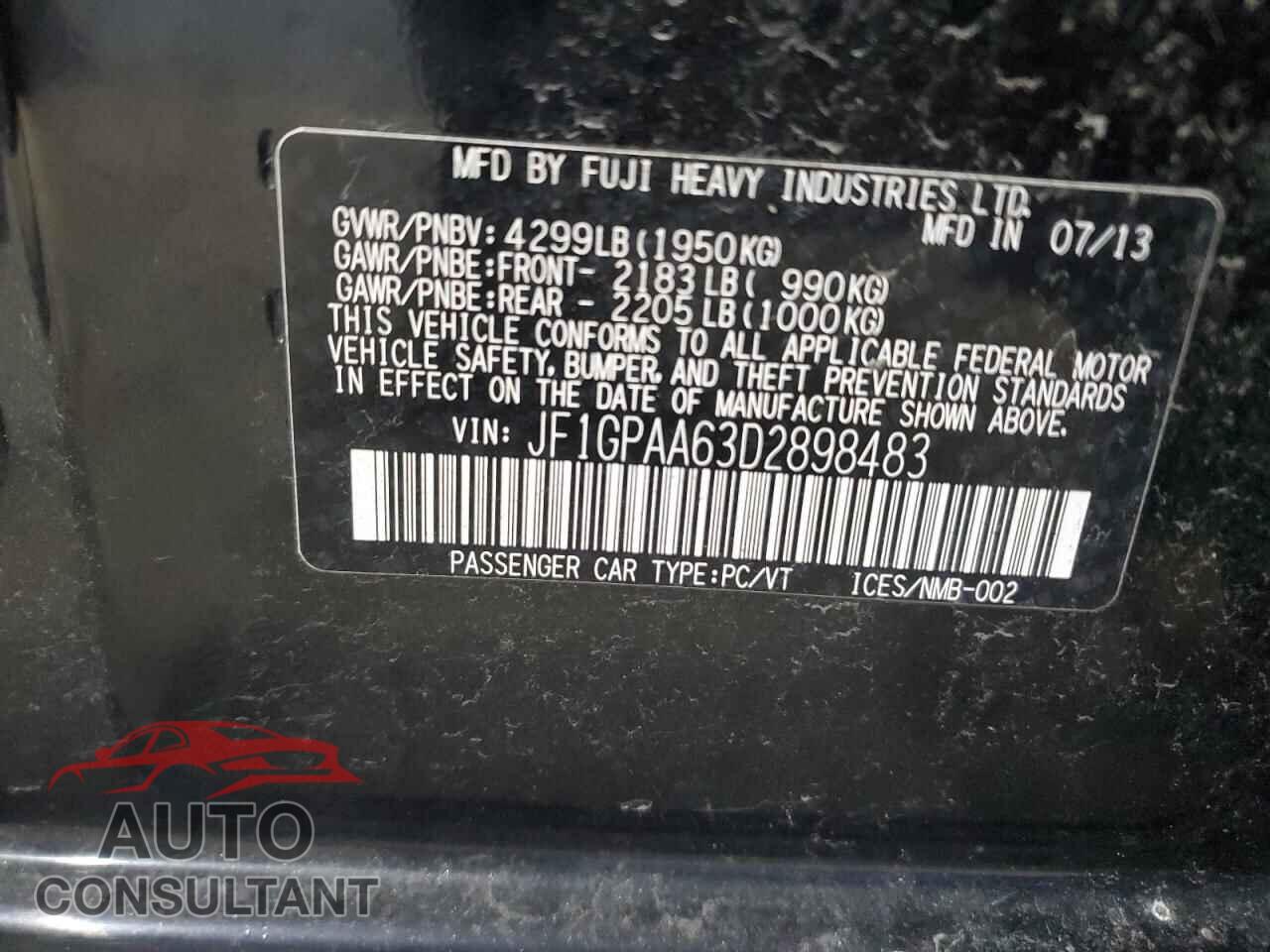SUBARU IMPREZA 2013 - JF1GPAA63D2898483