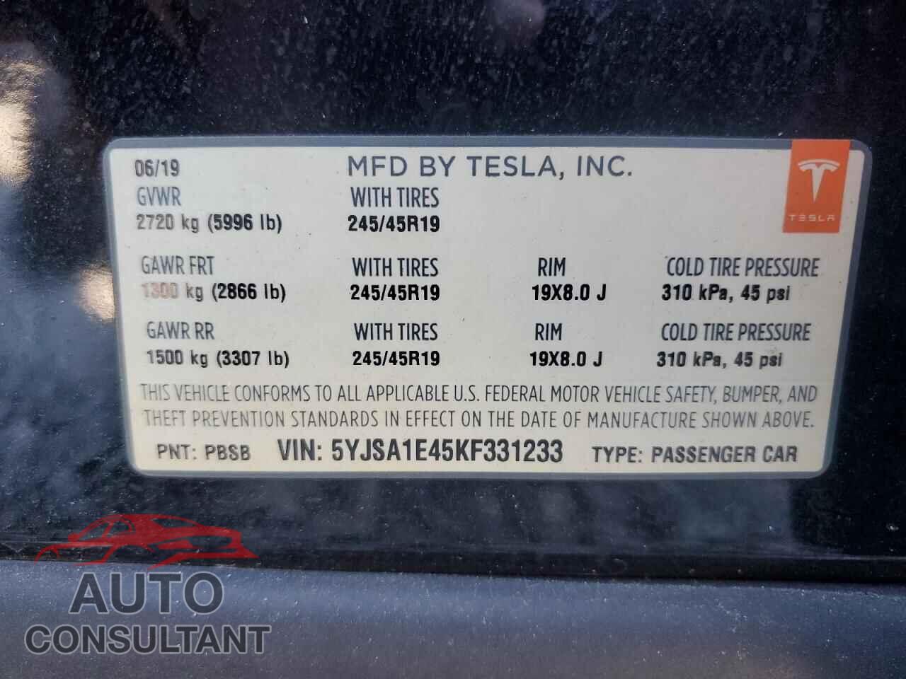 TESLA MODEL S 2019 - 5YJSA1E45KF331233