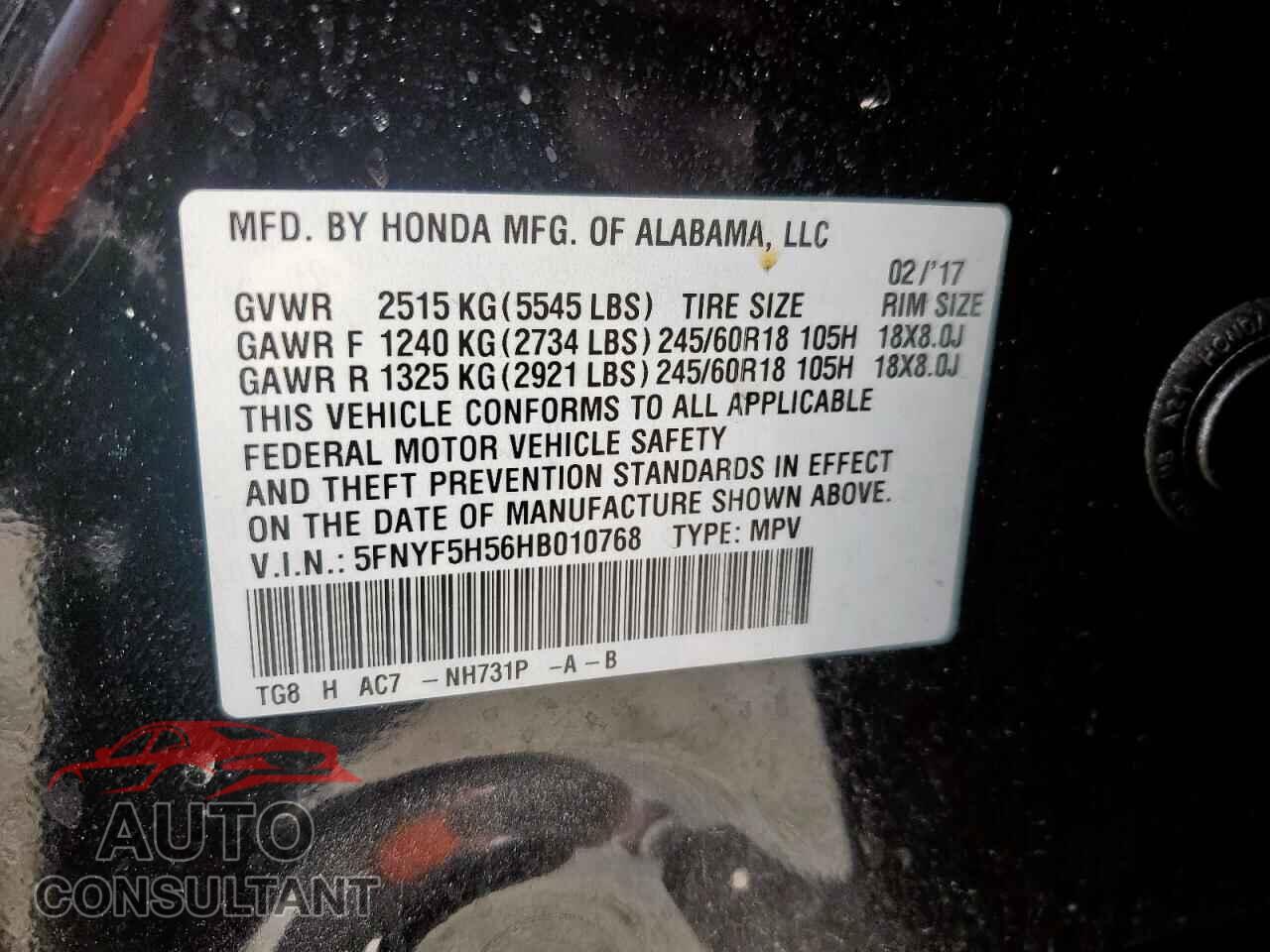 HONDA PILOT 2017 - 5FNYF5H56HB010768