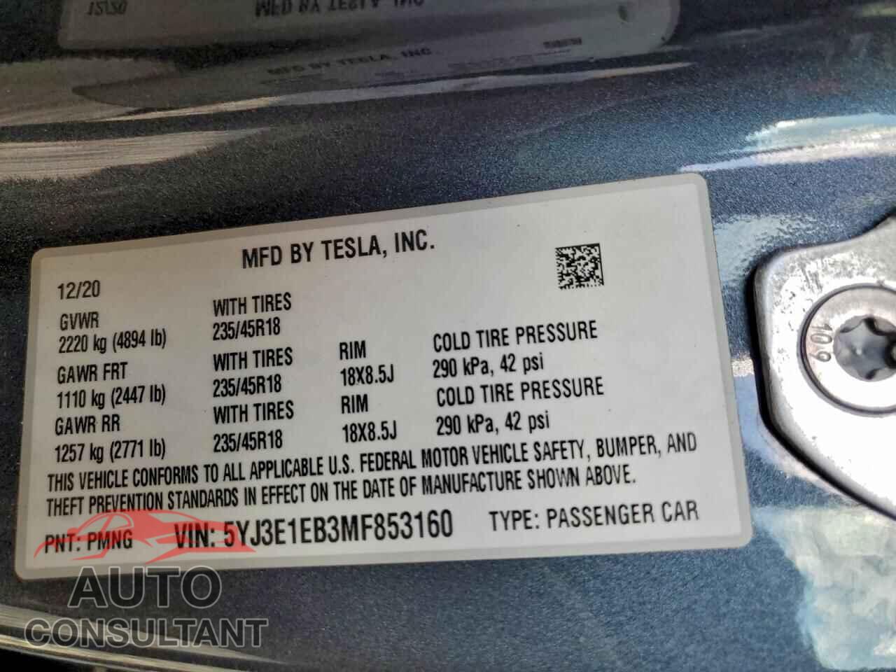 TESLA MODEL 3 2021 - 5YJ3E1EB3MF853160