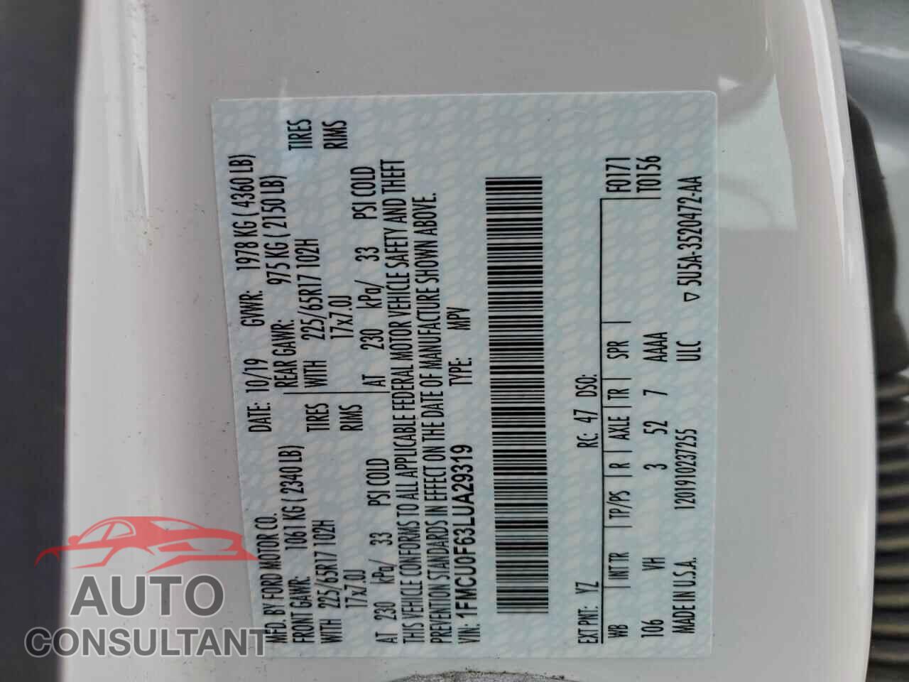 FORD ESCAPE 2020 - 1FMCU0F63LUA29319