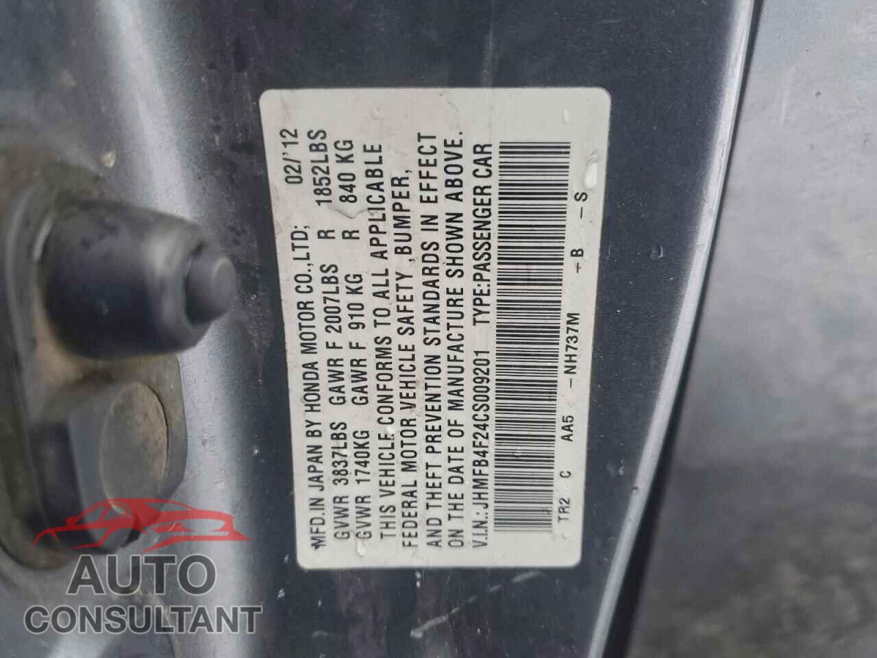 HONDA CIVIC 2012 - JHMFB4F24CS009201