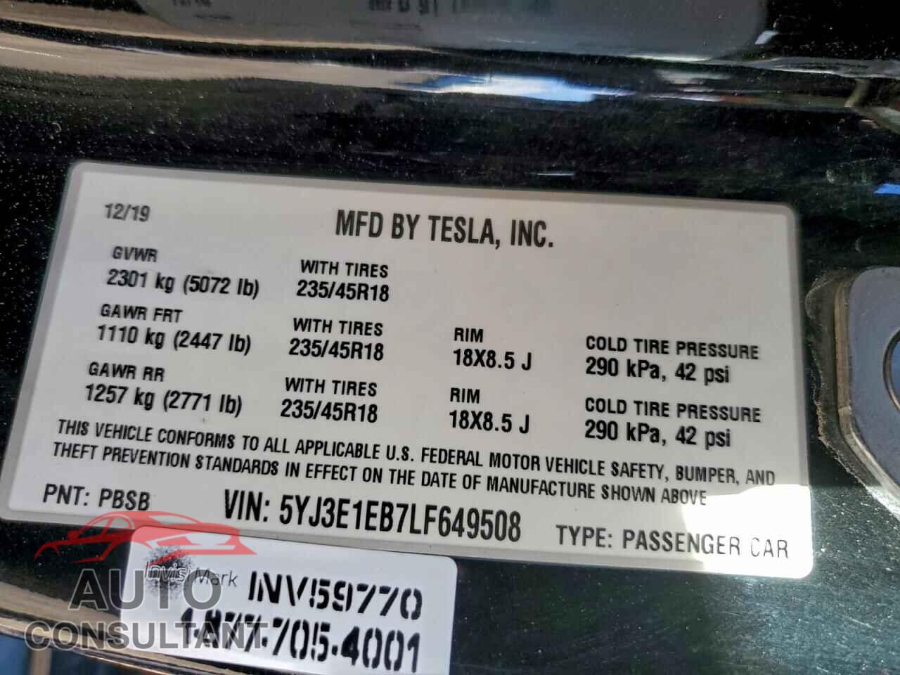 TESLA MODEL 3 2020 - 5YJ3E1EB7LF649508
