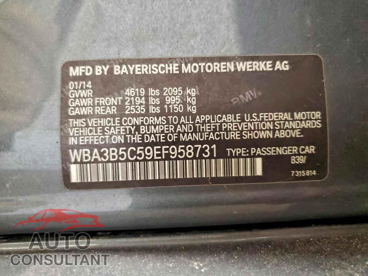 BMW 3 SERIES 2014 - WBA3B5C59EF958731