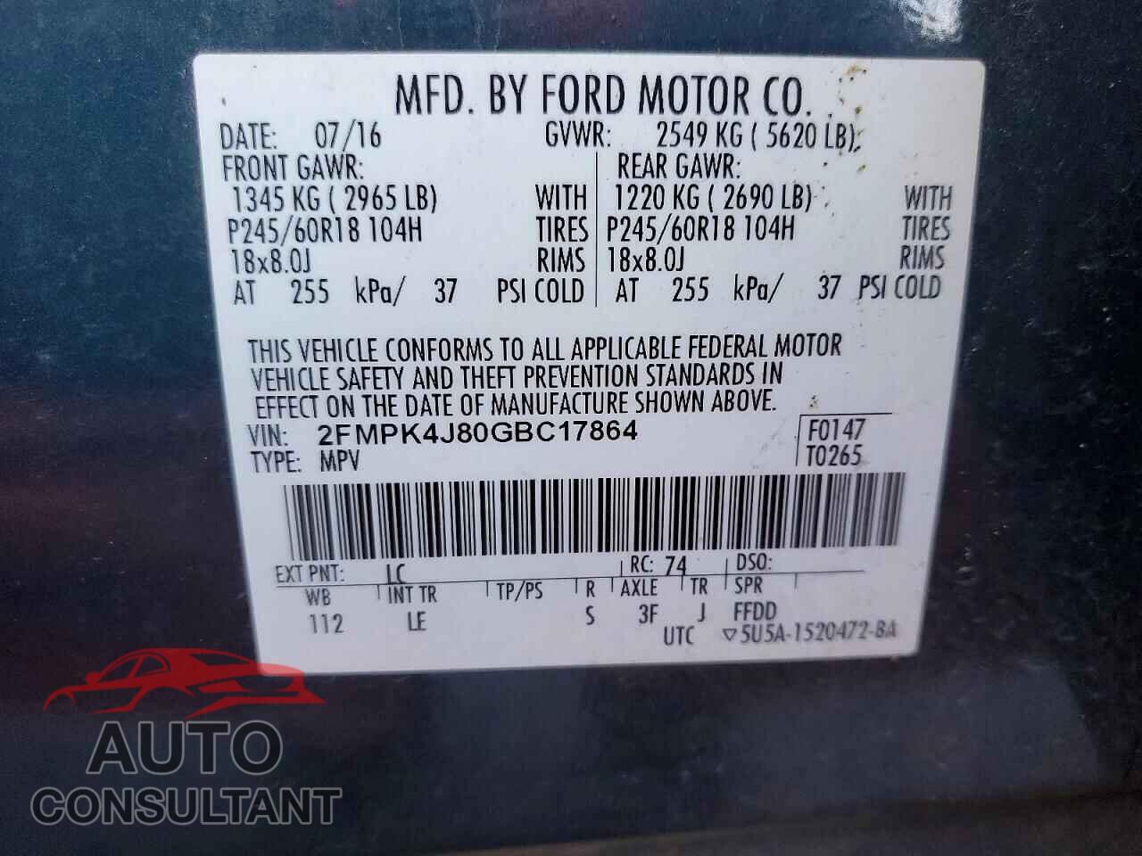FORD EDGE 2016 - 2FMPK4J80GBC17864