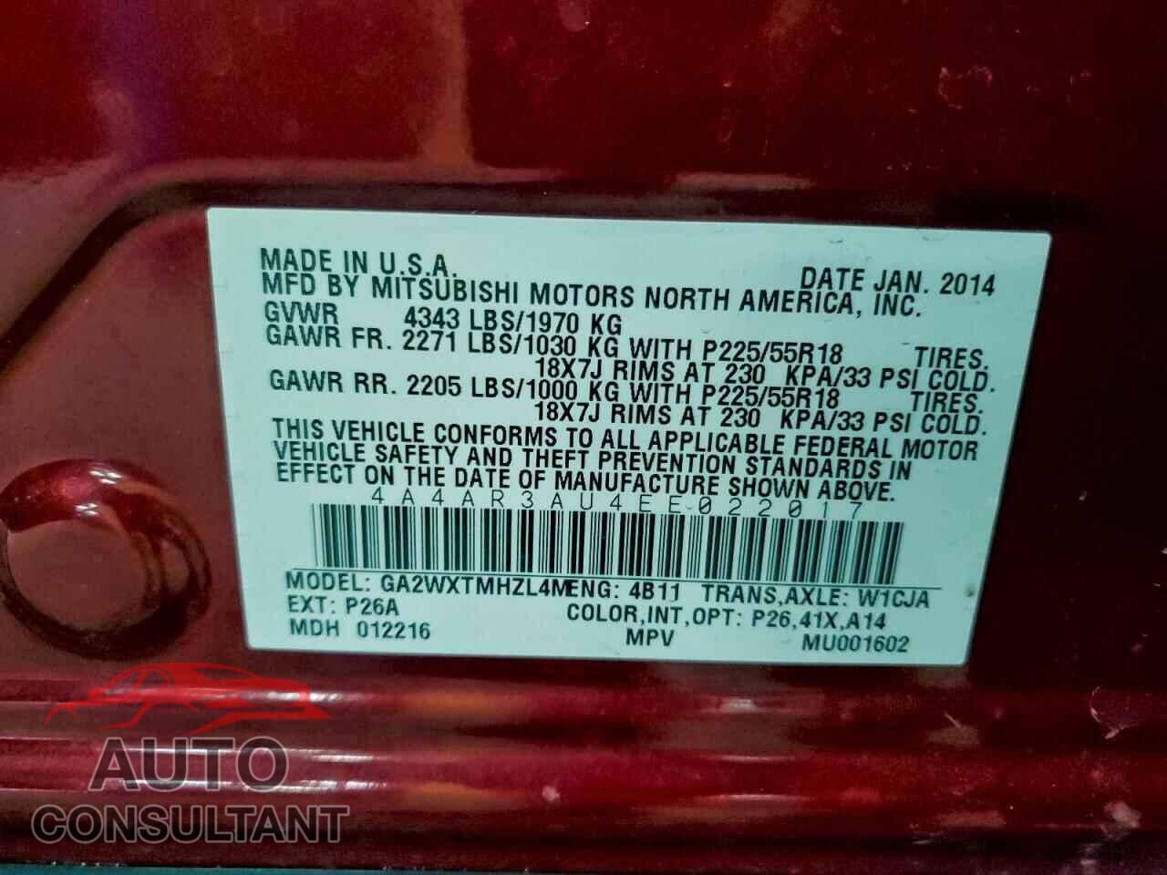 MITSUBISHI OUTLANDER 2014 - 4A4AR3AU4EE022017