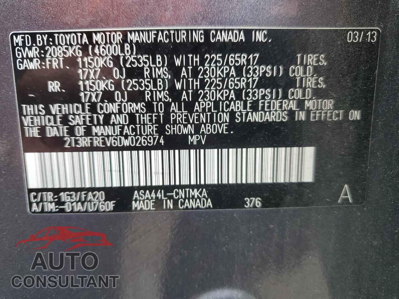 TOYOTA RAV4 2013 - 2T3RFREV6DW026974