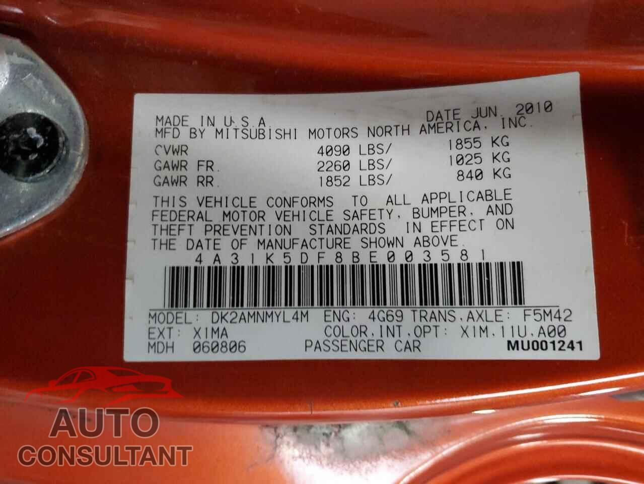 MITSUBISHI ECLIPSE 2011 - 4A31K5DF8BE003581