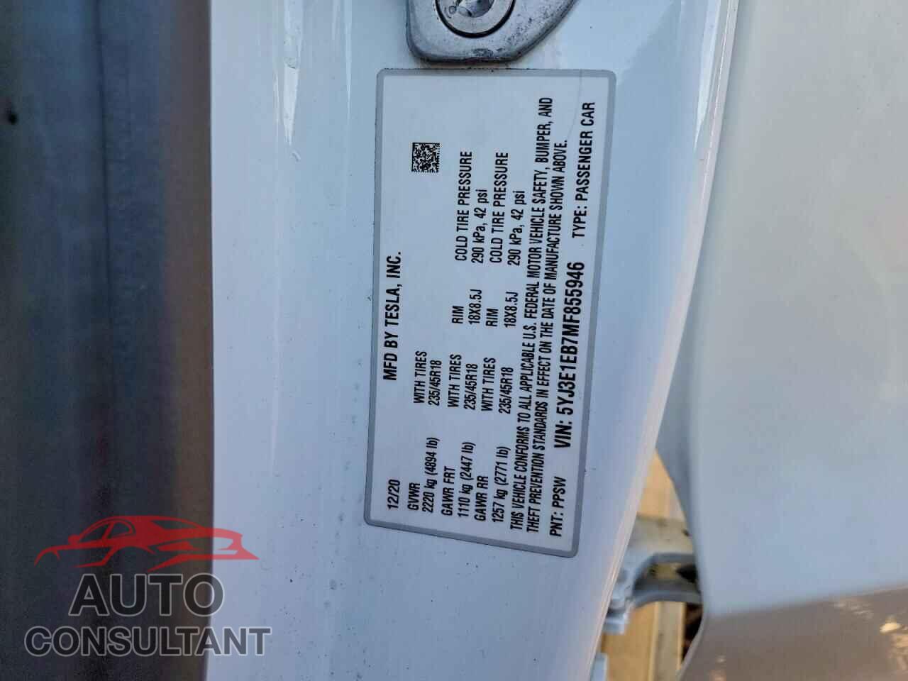 TESLA MODEL 3 2021 - 5YJ3E1EB7MF855946