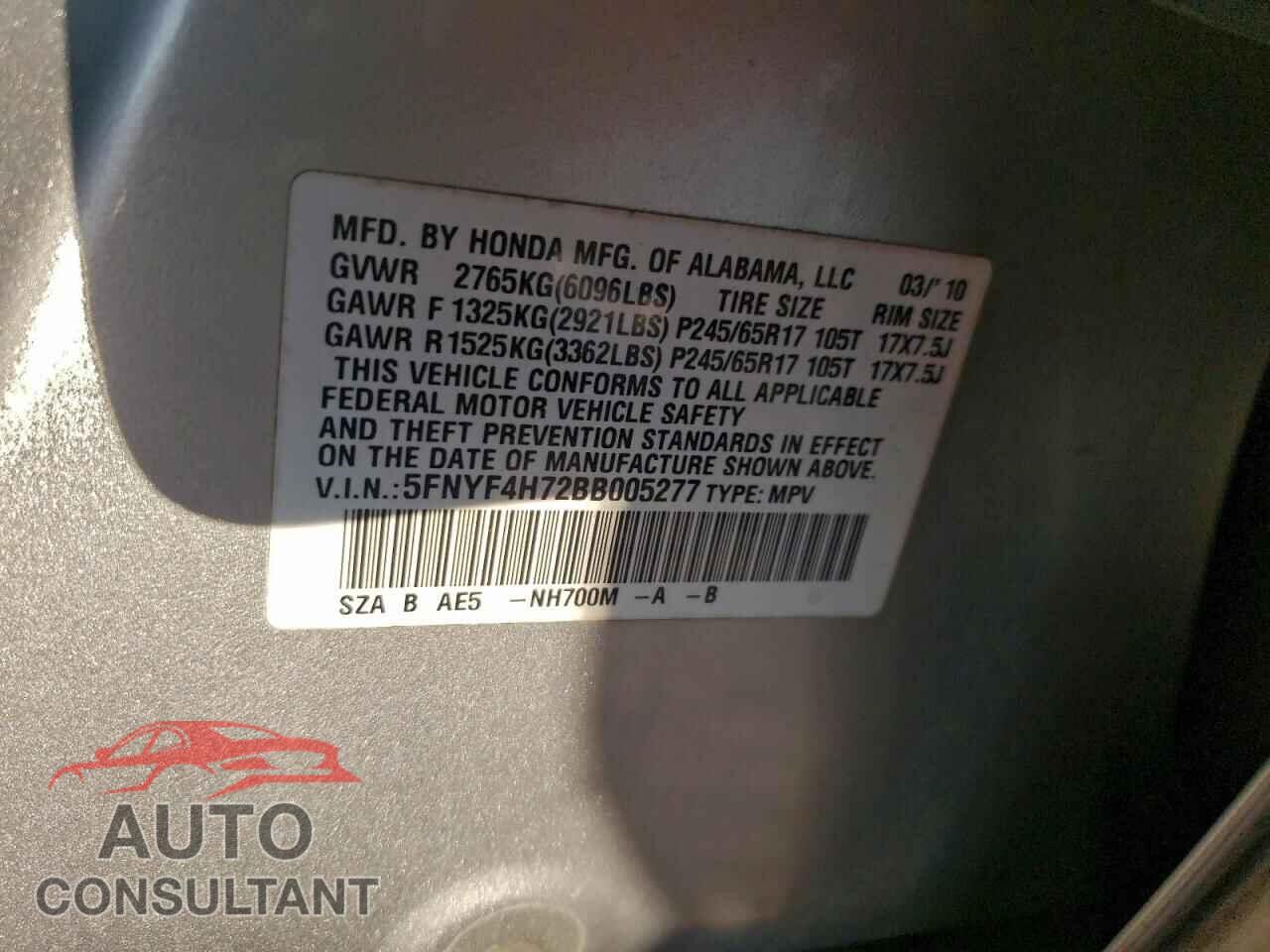 HONDA PILOT 2011 - 5FNYF4H72BB005277