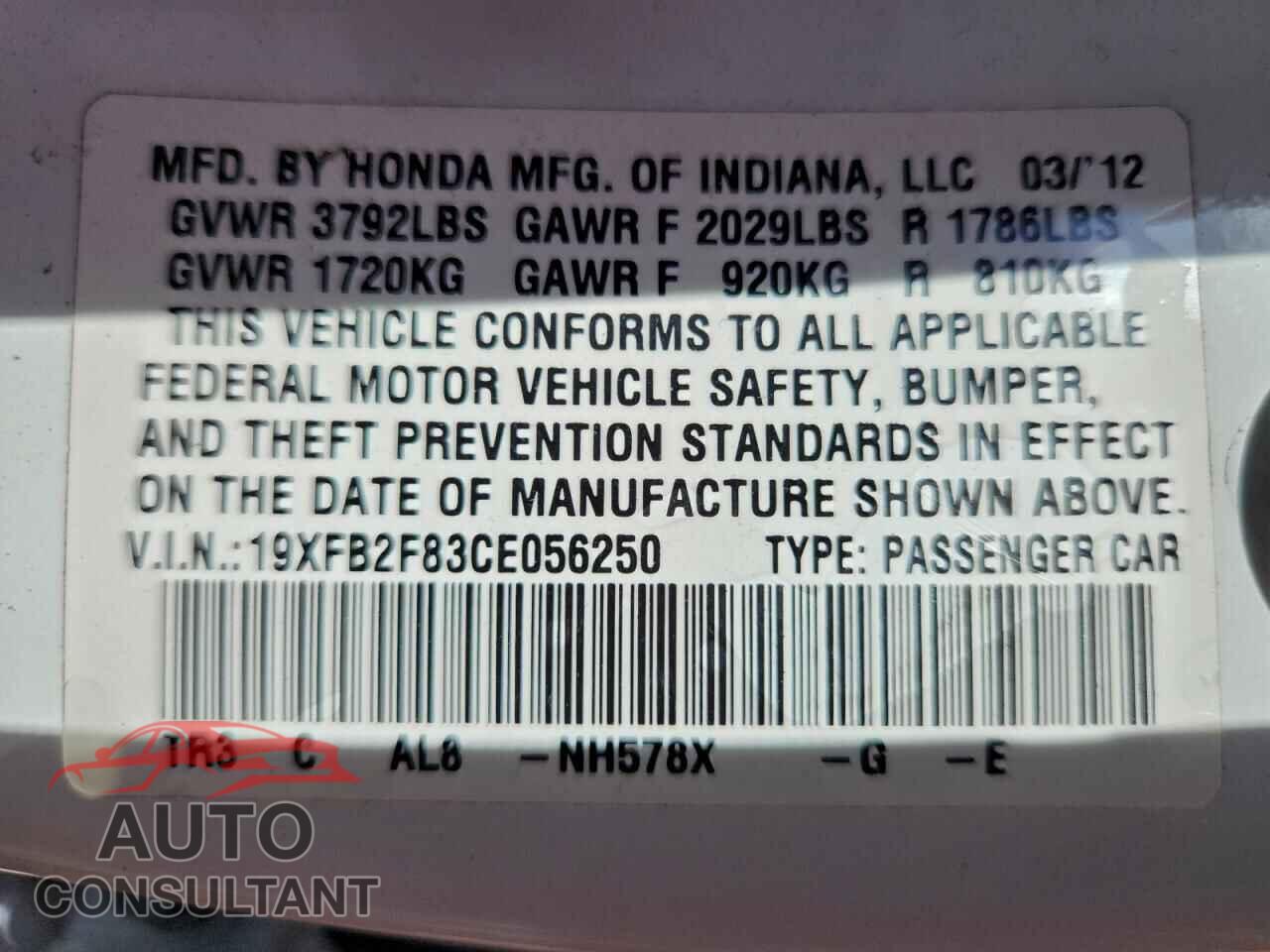 HONDA CIVIC 2012 - 19XFB2F83CE056250