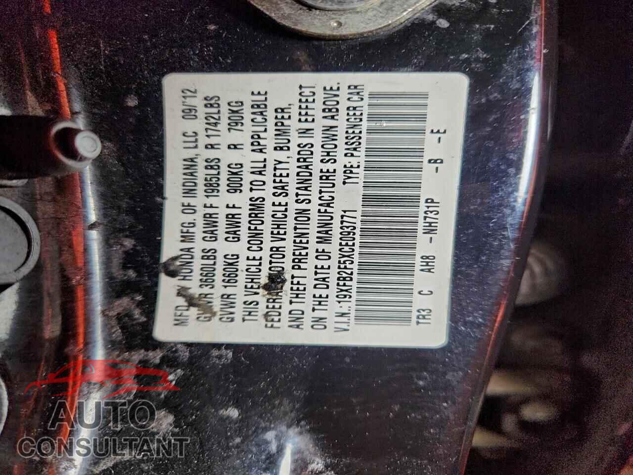 HONDA CIVIC 2012 - 19XFB2F5XCE093771