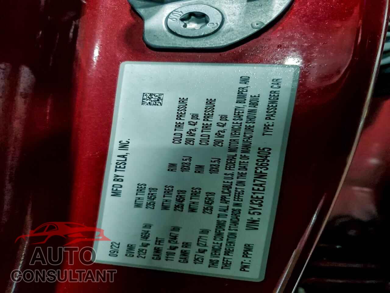 TESLA MODEL 3 2022 - 5YJ3E1EA7NF369405