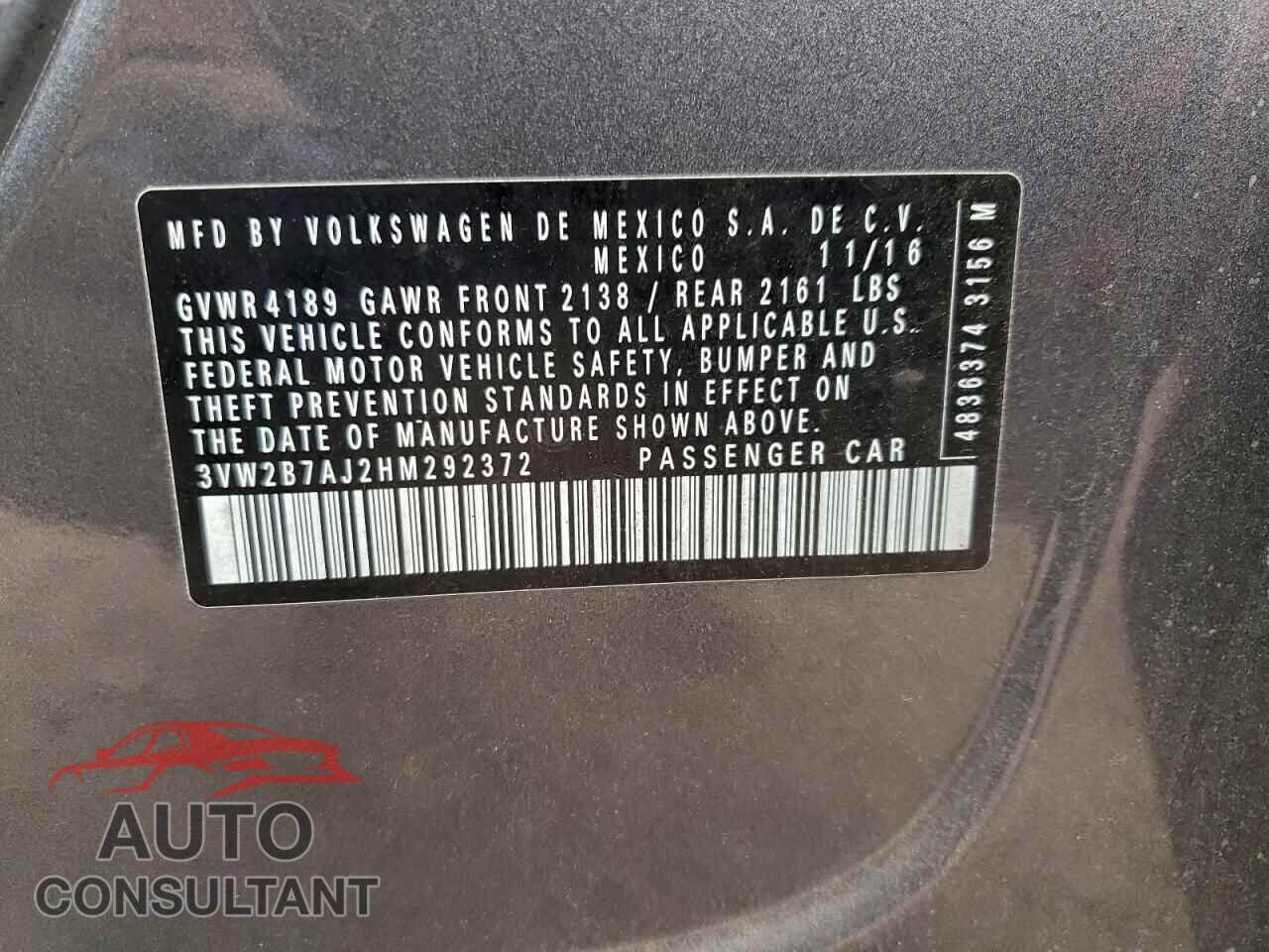 VOLKSWAGEN JETTA 2017 - 3VW2B7AJ2HM292372