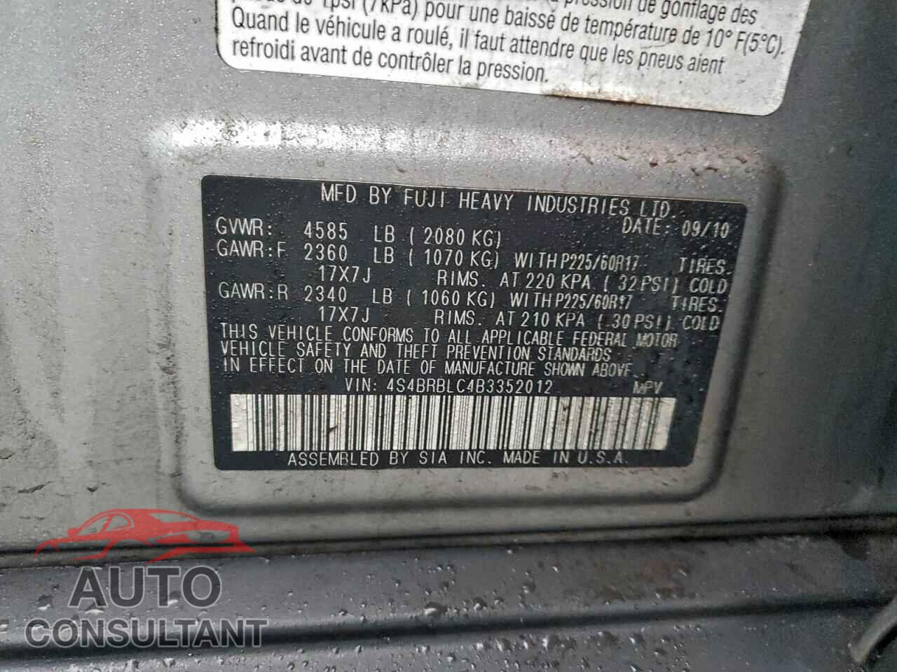 SUBARU OUTBACK 2011 - 4S4BRBLC4B3352012
