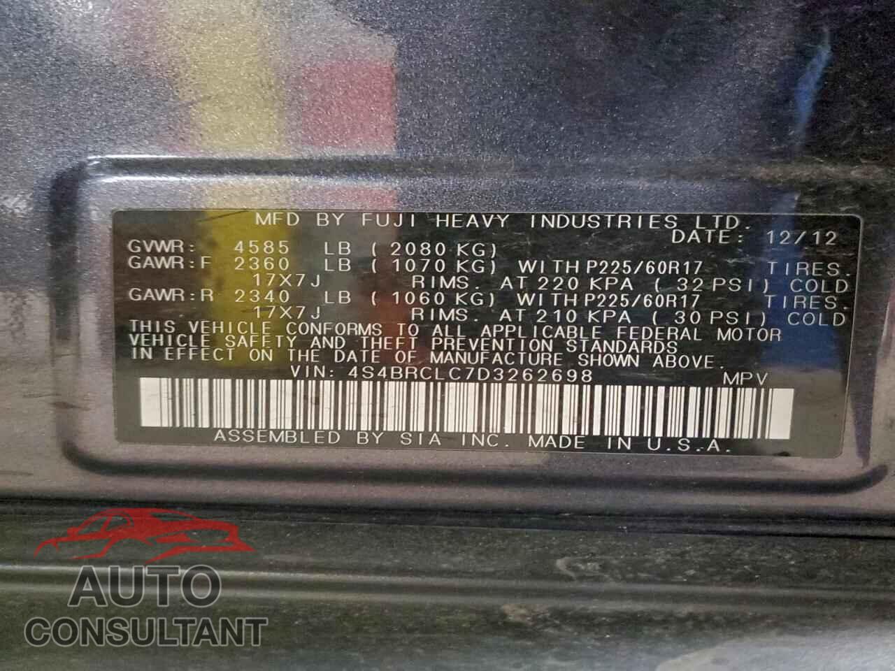 SUBARU OUTBACK 2013 - 4S4BRCLC7D3262698