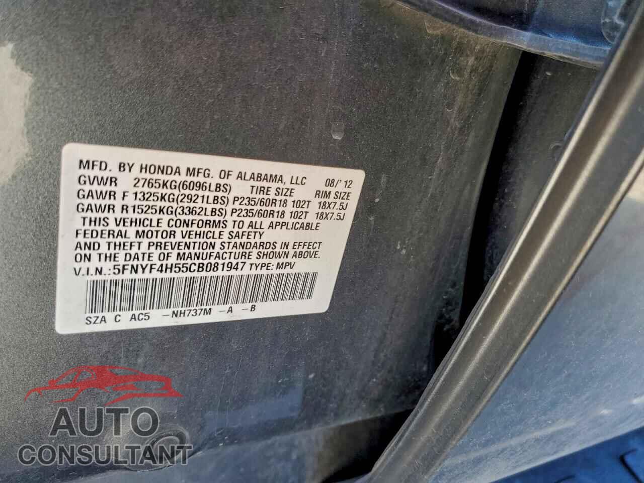 HONDA PILOT 2012 - 5FNYF4H55CB081947