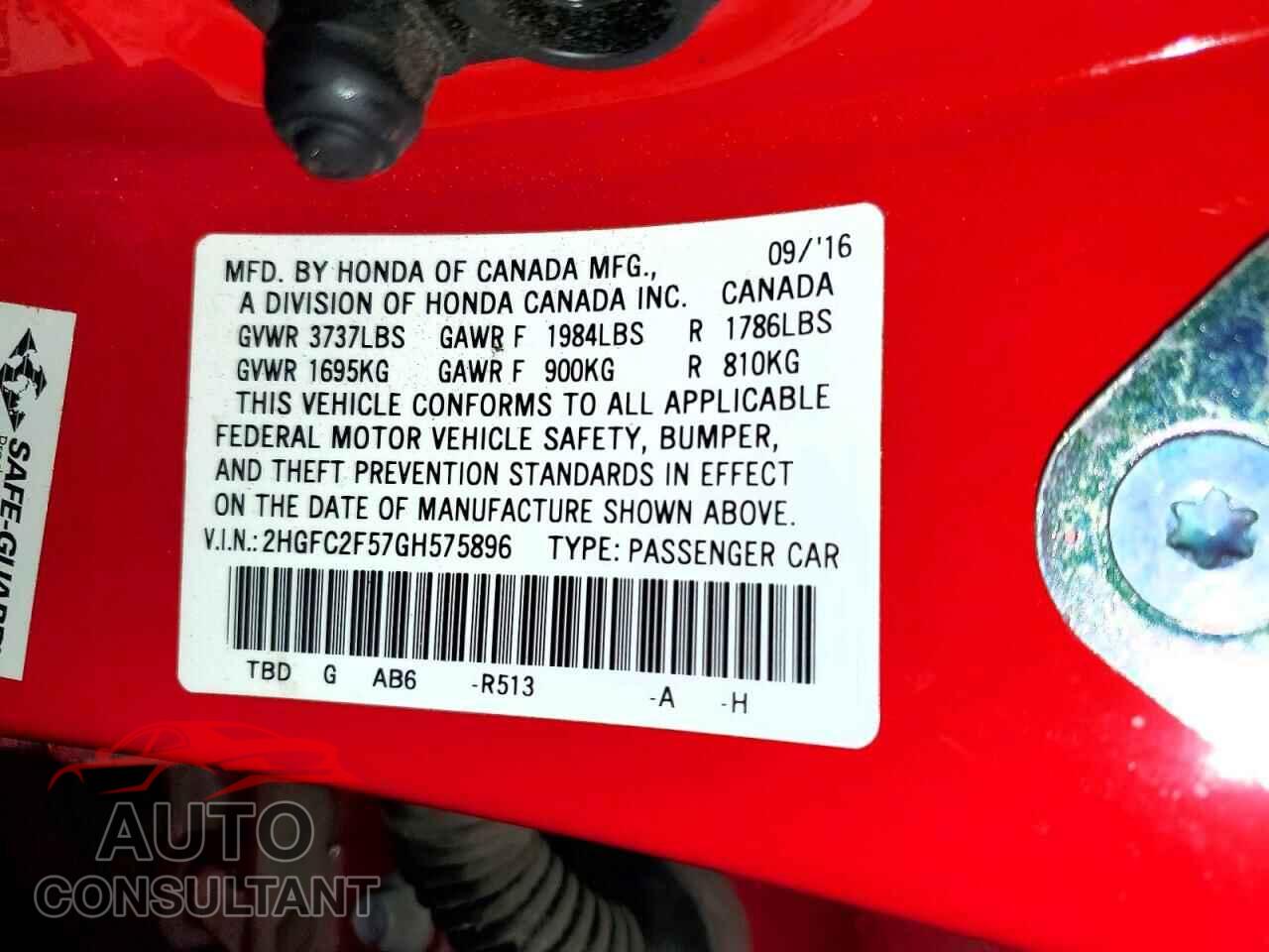 HONDA CIVIC 2016 - 2HGFC2F57GH575896