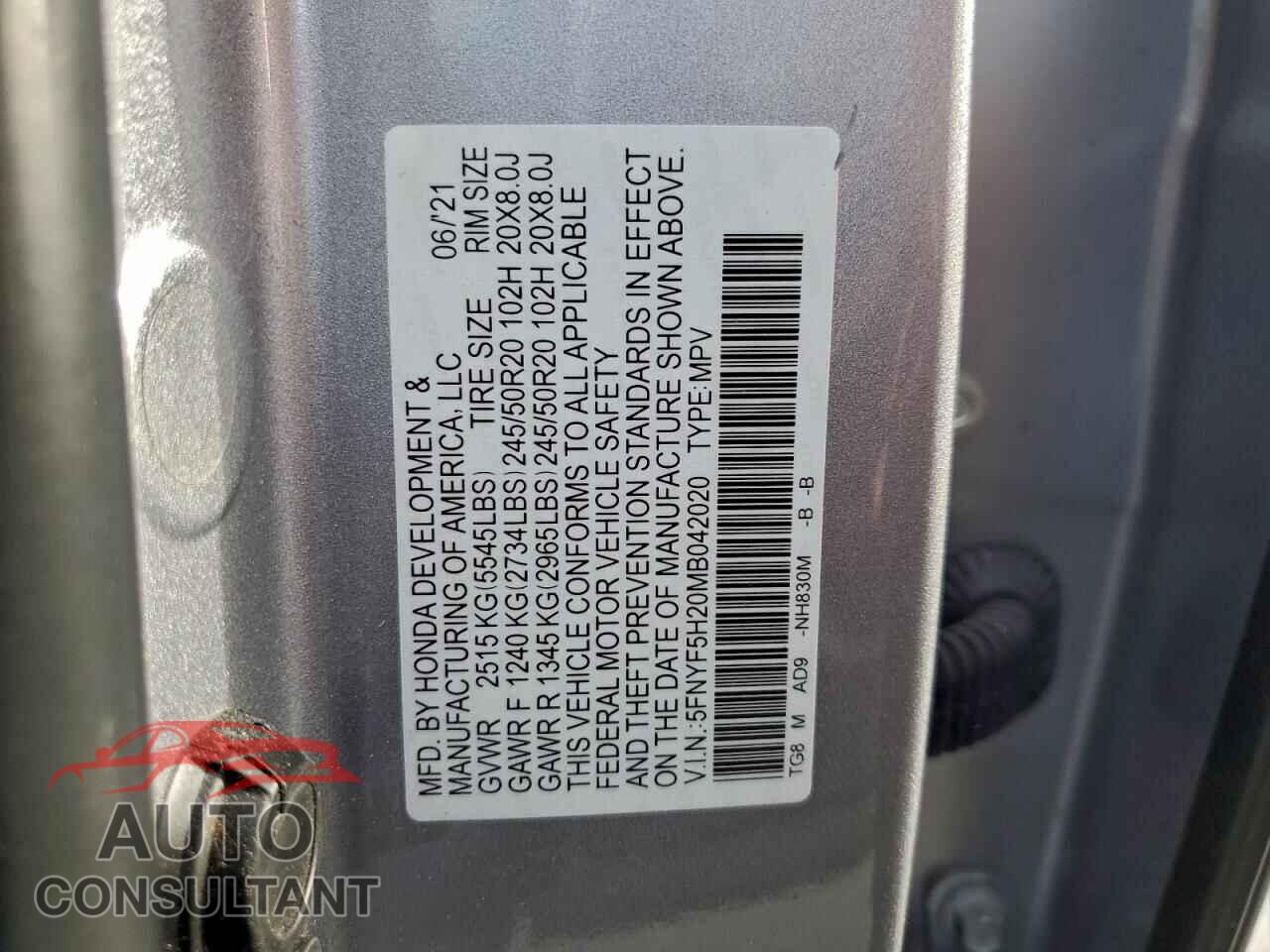 HONDA PILOT 2021 - 5FNYF5H20MB042020