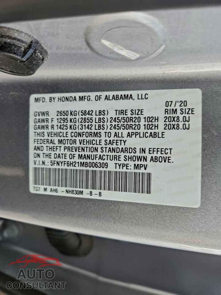 HONDA PILOT 2021 - 5FNYF6H21MB006309