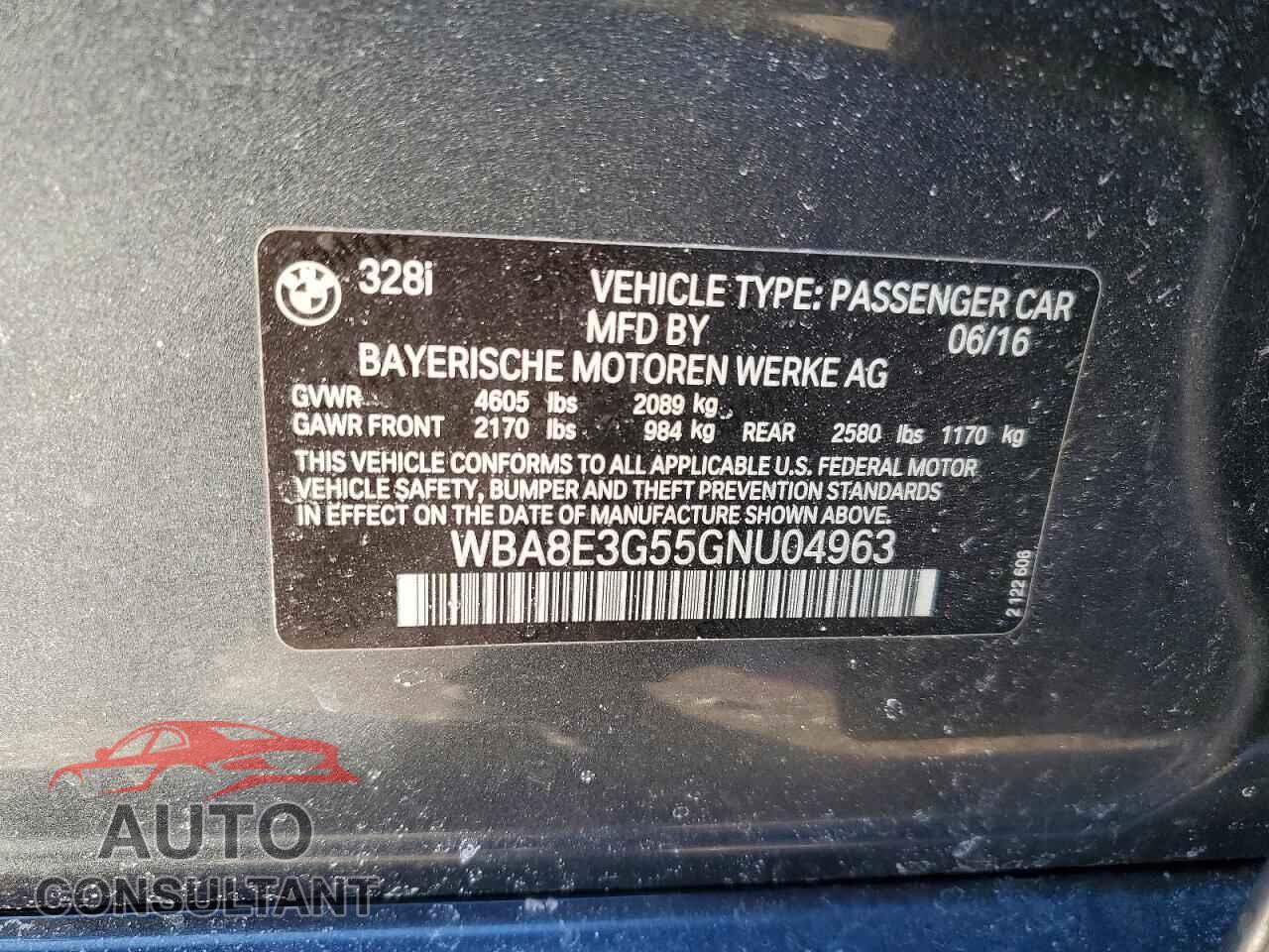 BMW 3 SERIES 2016 - WBA8E3G55GNU04963