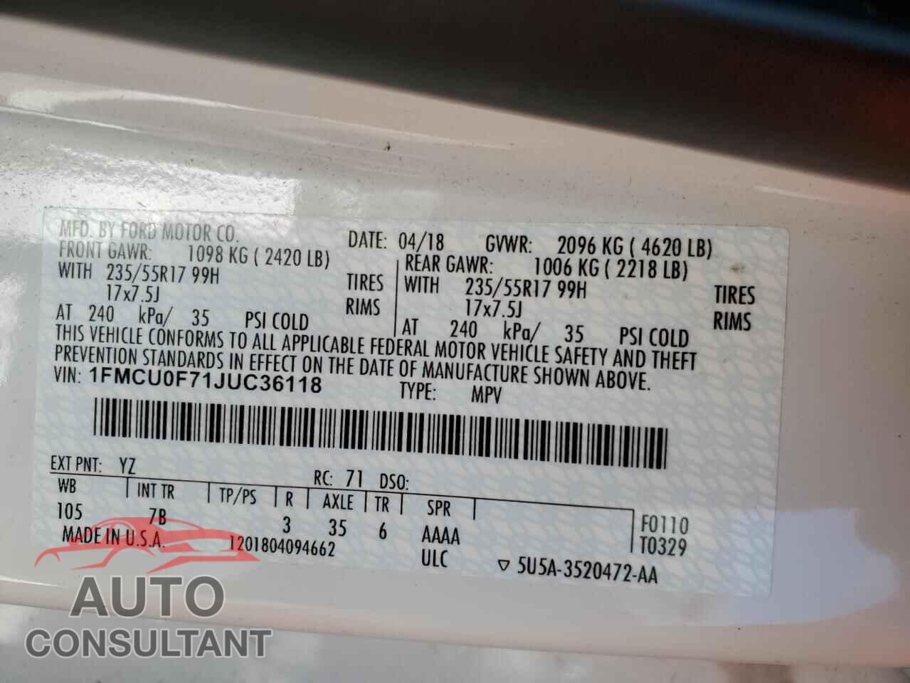 FORD ESCAPE 2018 - 1FMCU0F71JUC36118
