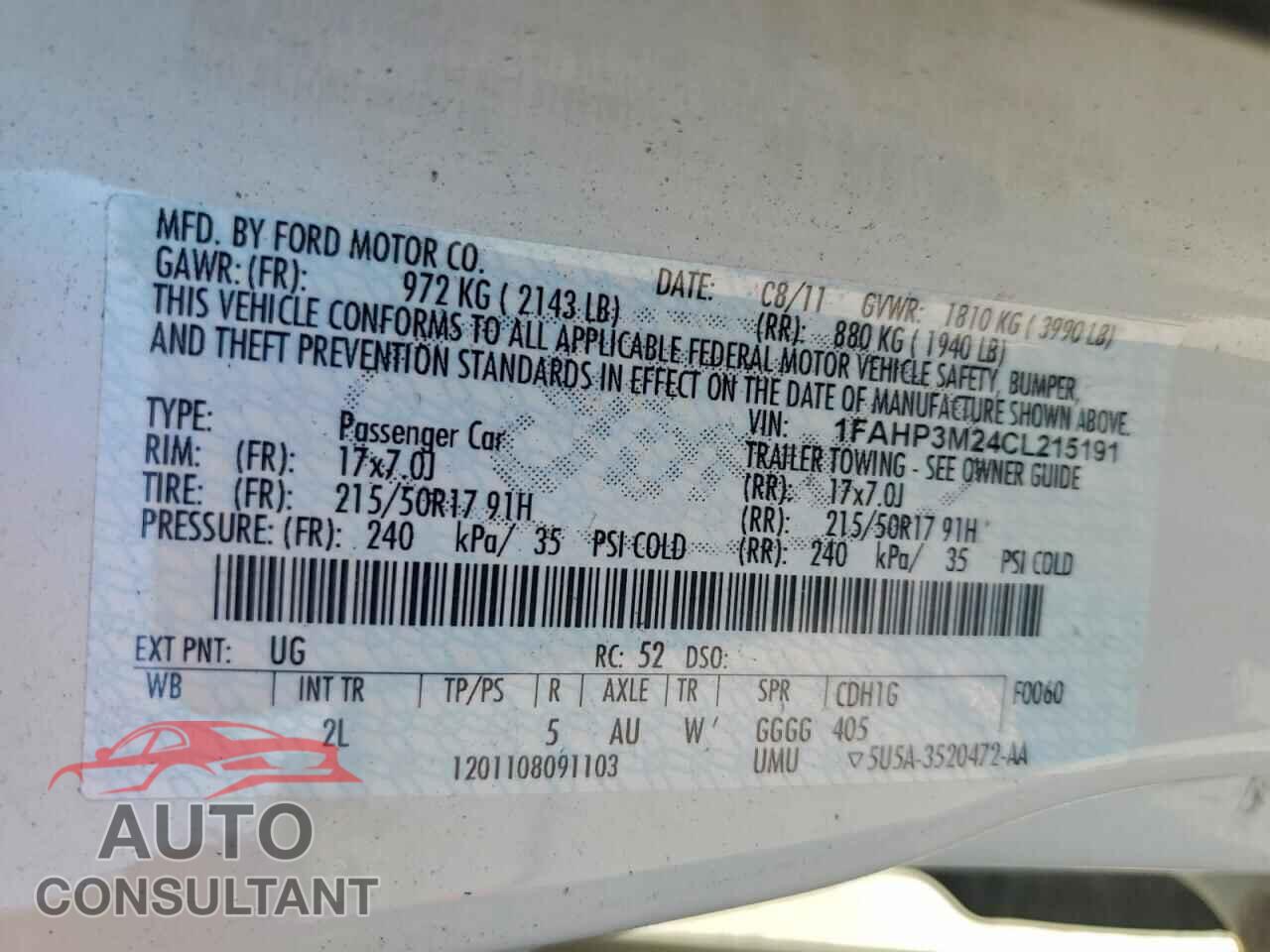 FORD FOCUS 2012 - 1FAHP3M24CL215191