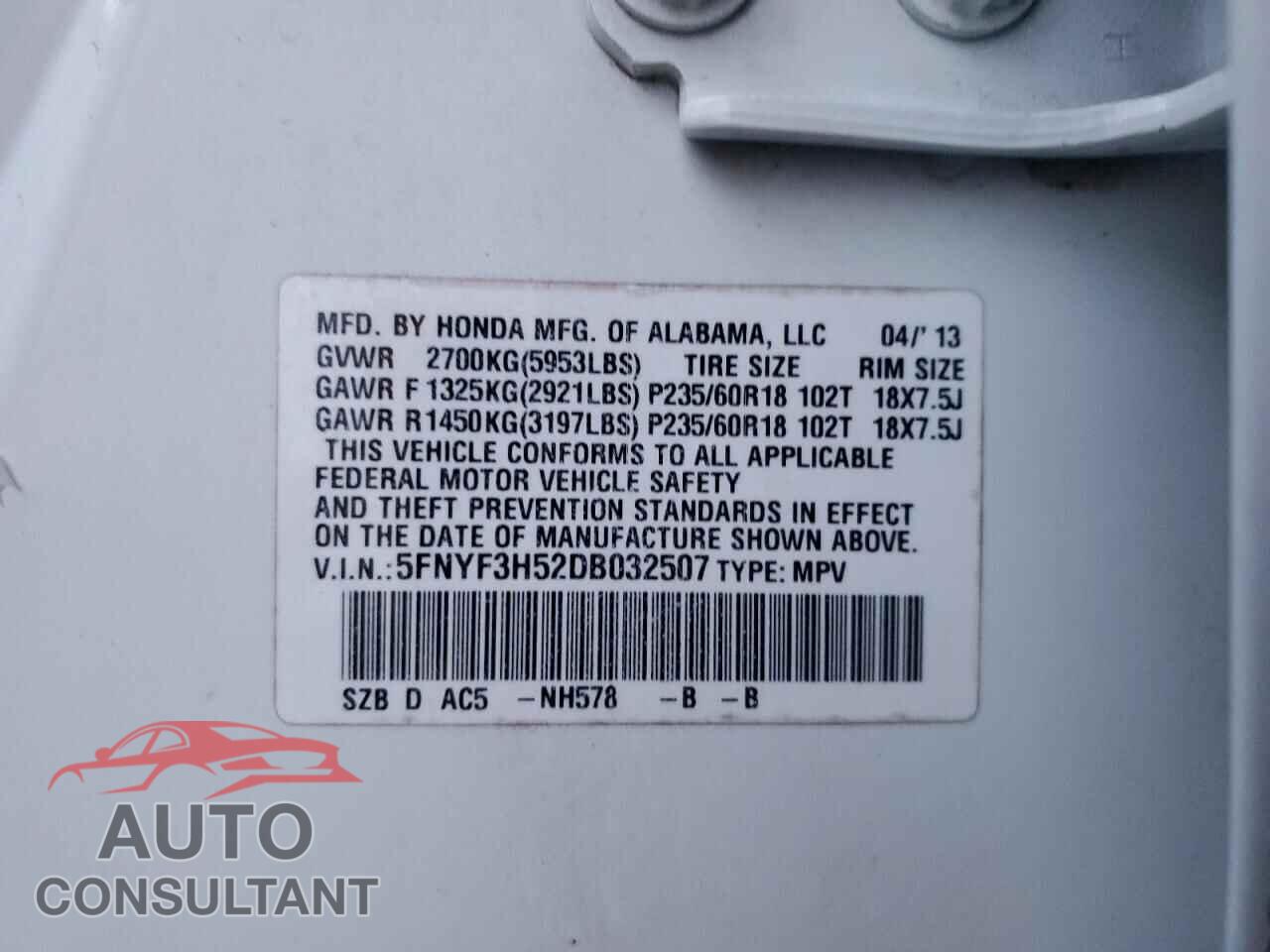 HONDA PILOT 2013 - 5FNYF3H52DB032507