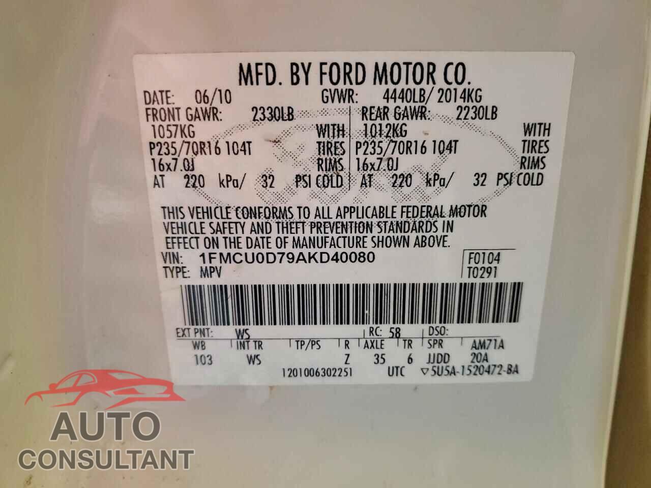 FORD ESCAPE 2010 - 1FMCU0D79AKD40080