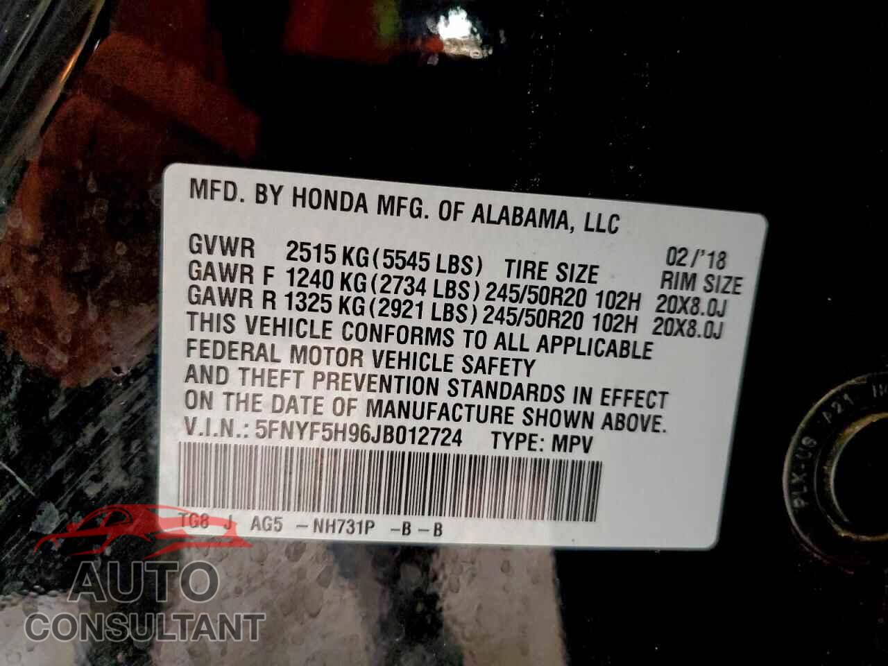 HONDA PILOT 2018 - 5FNYF5H96JB012724