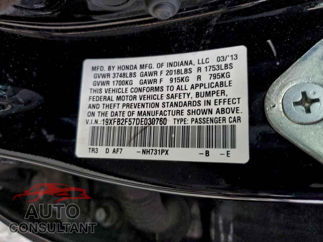 HONDA CIVIC 2013 - 19XFB2F57DE030760