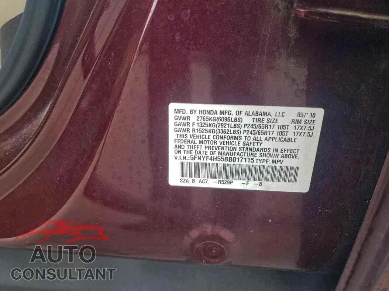 HONDA PILOT 2011 - 5FNYF4H55BB017115