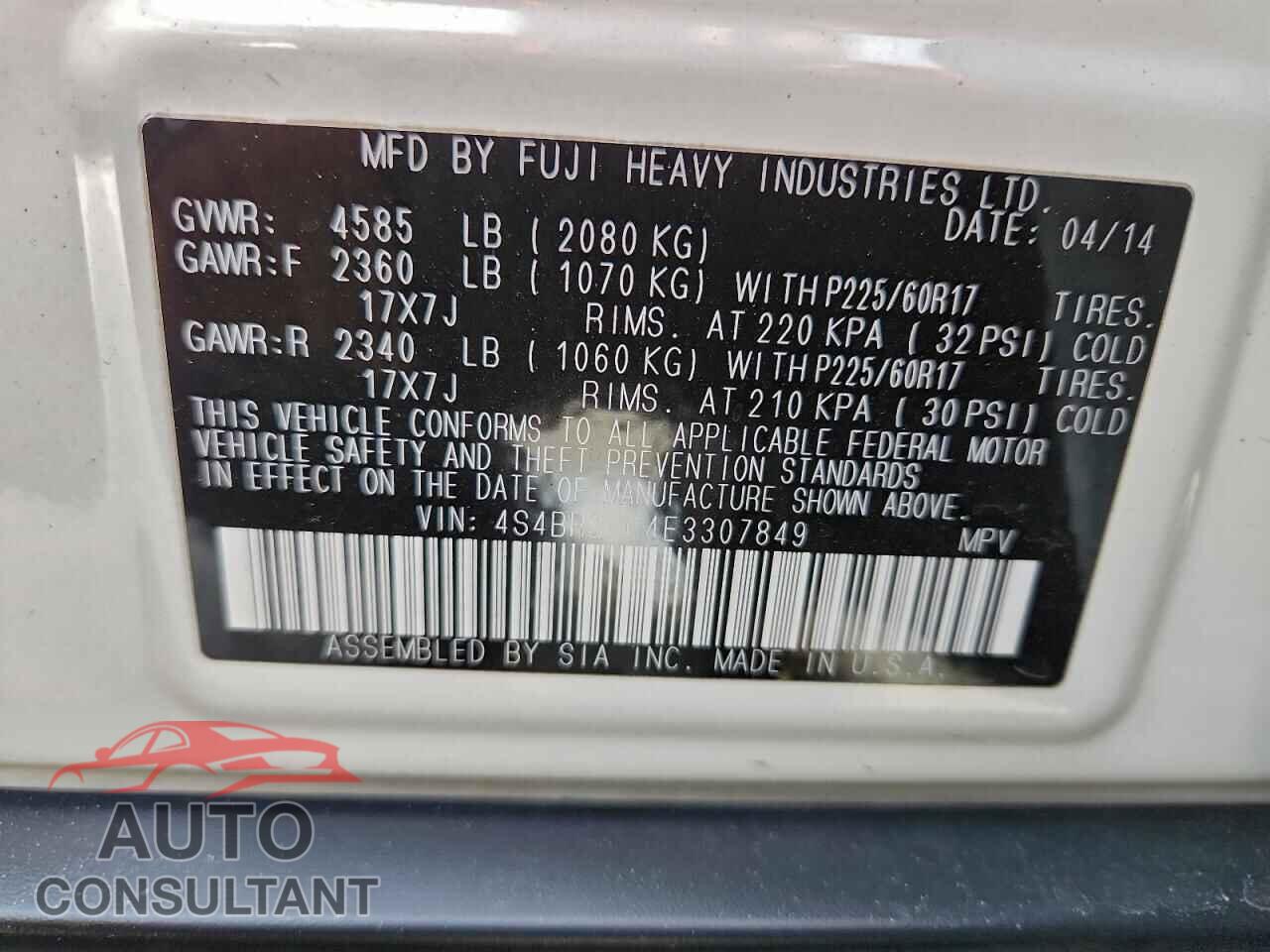 SUBARU OUTBACK 2014 - 4S4BRBCC4E3307849
