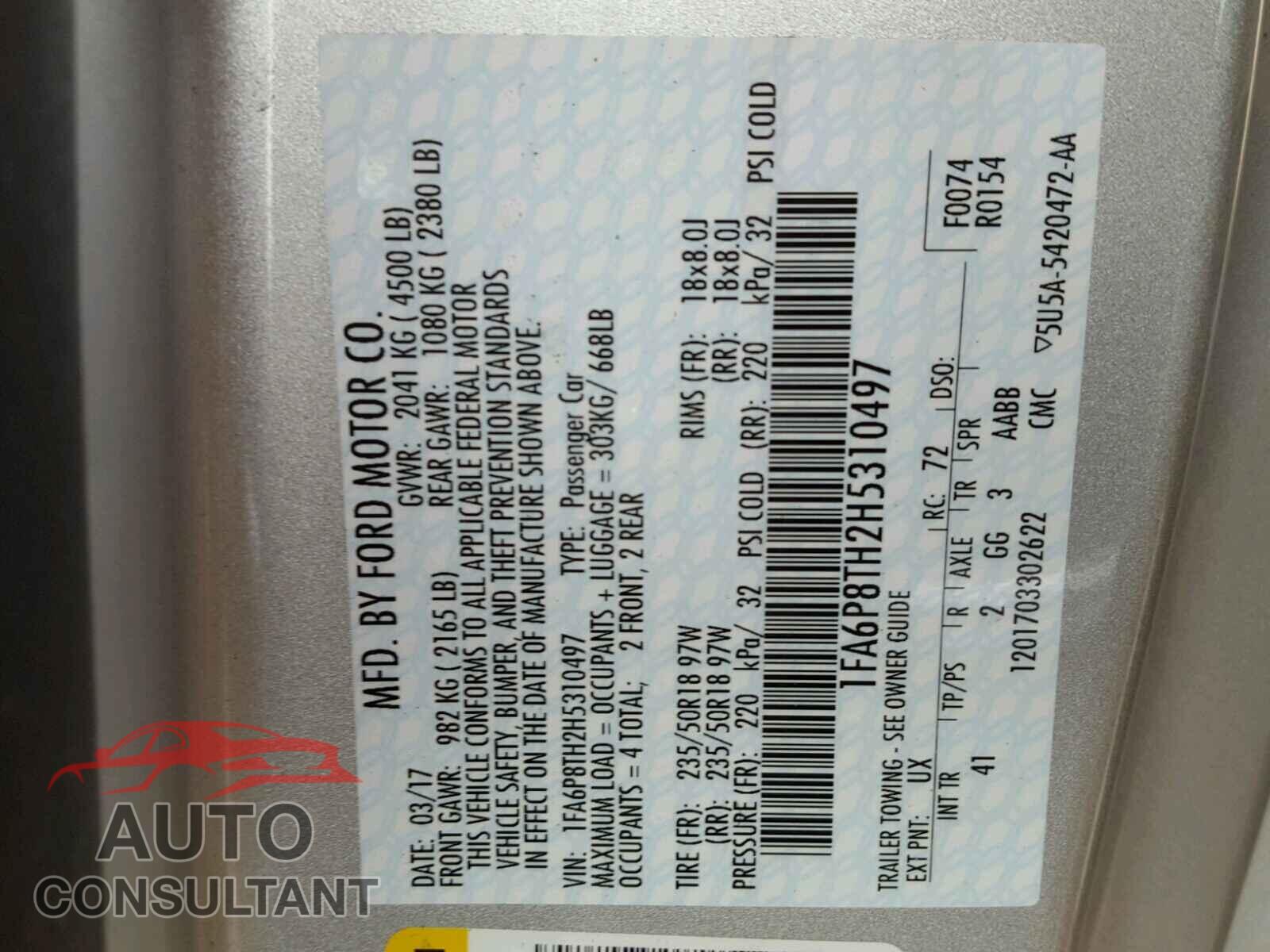 FORD MUSTANG 2017 - 1FA6P8TH2H5310497