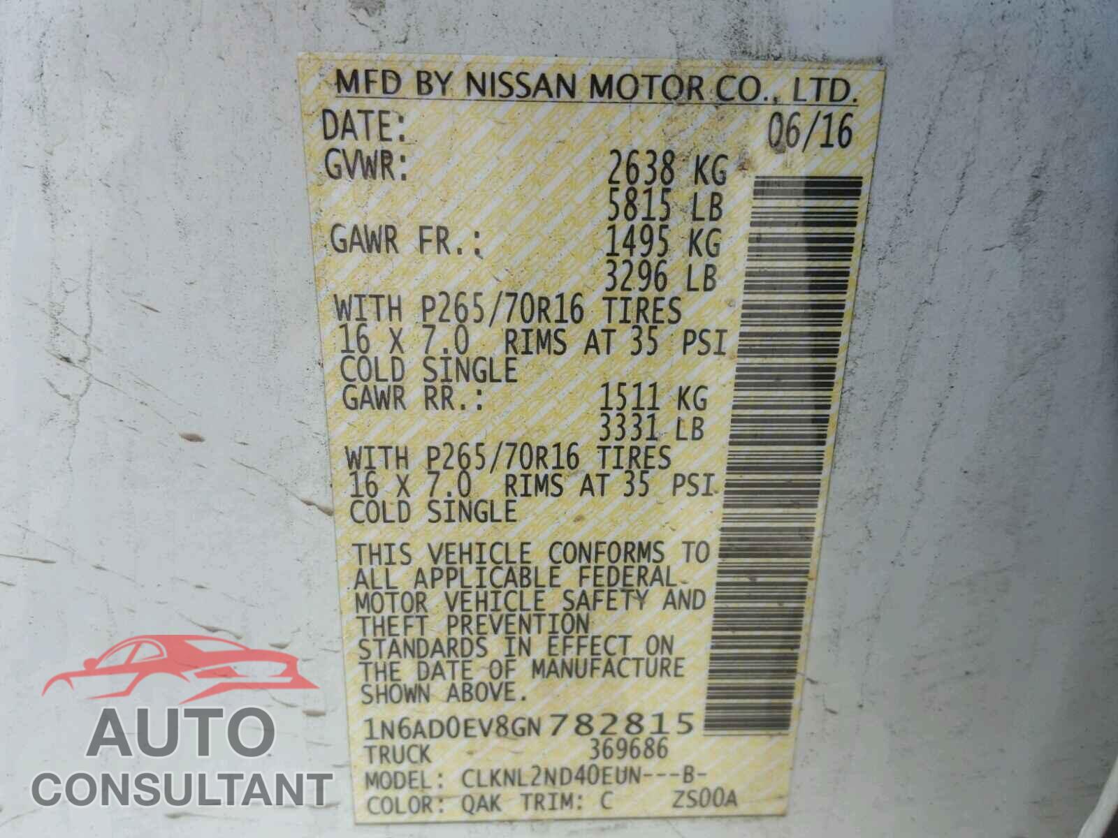 NISSAN FRONTIER 2016 - 1N6AD0EV8GN782815