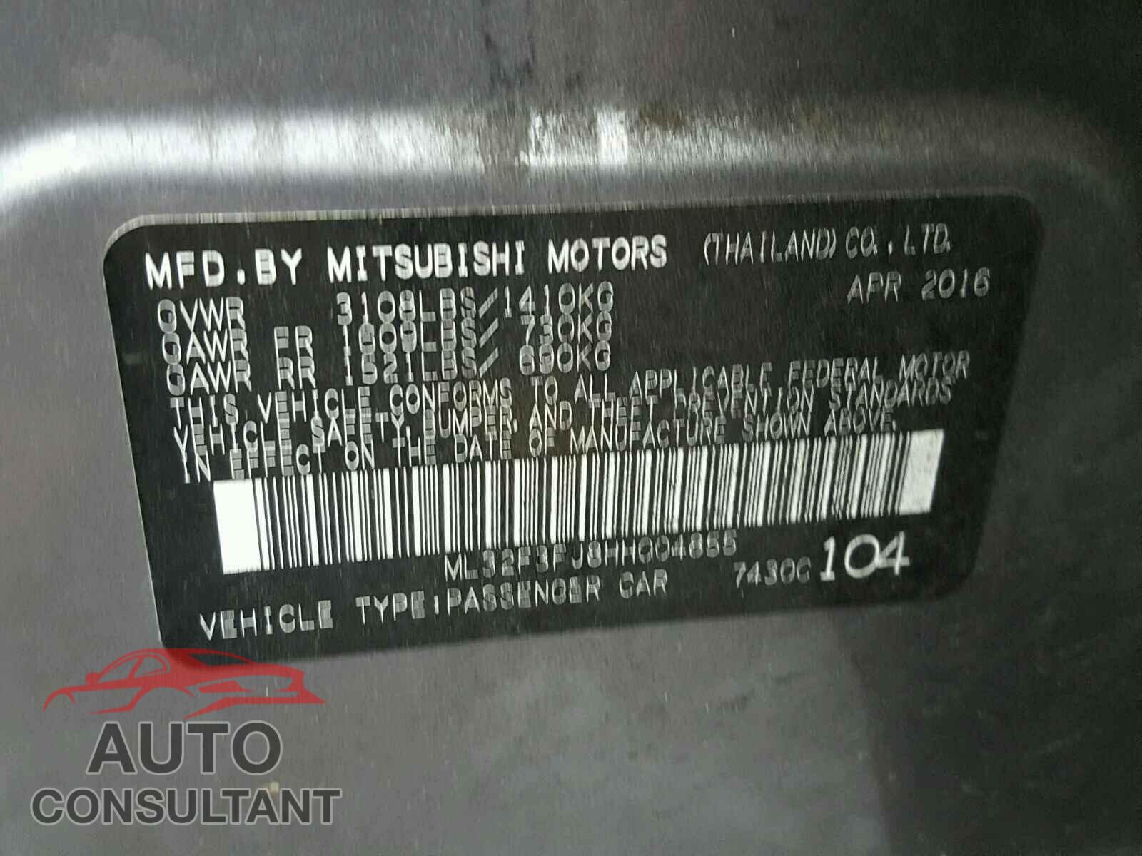 MITSUBISHI MIRAGE 2017 - ML32F3FJ8HH004855